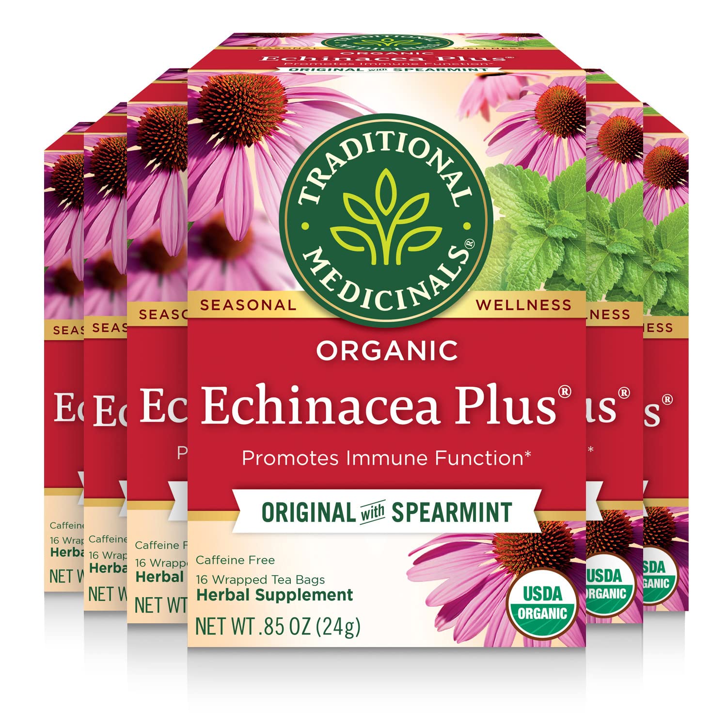 Traditional Medicinals Organic Echinacea Plus Tea, 16 Count (Pack of 6), Promotes Immune Function, with Spearmint