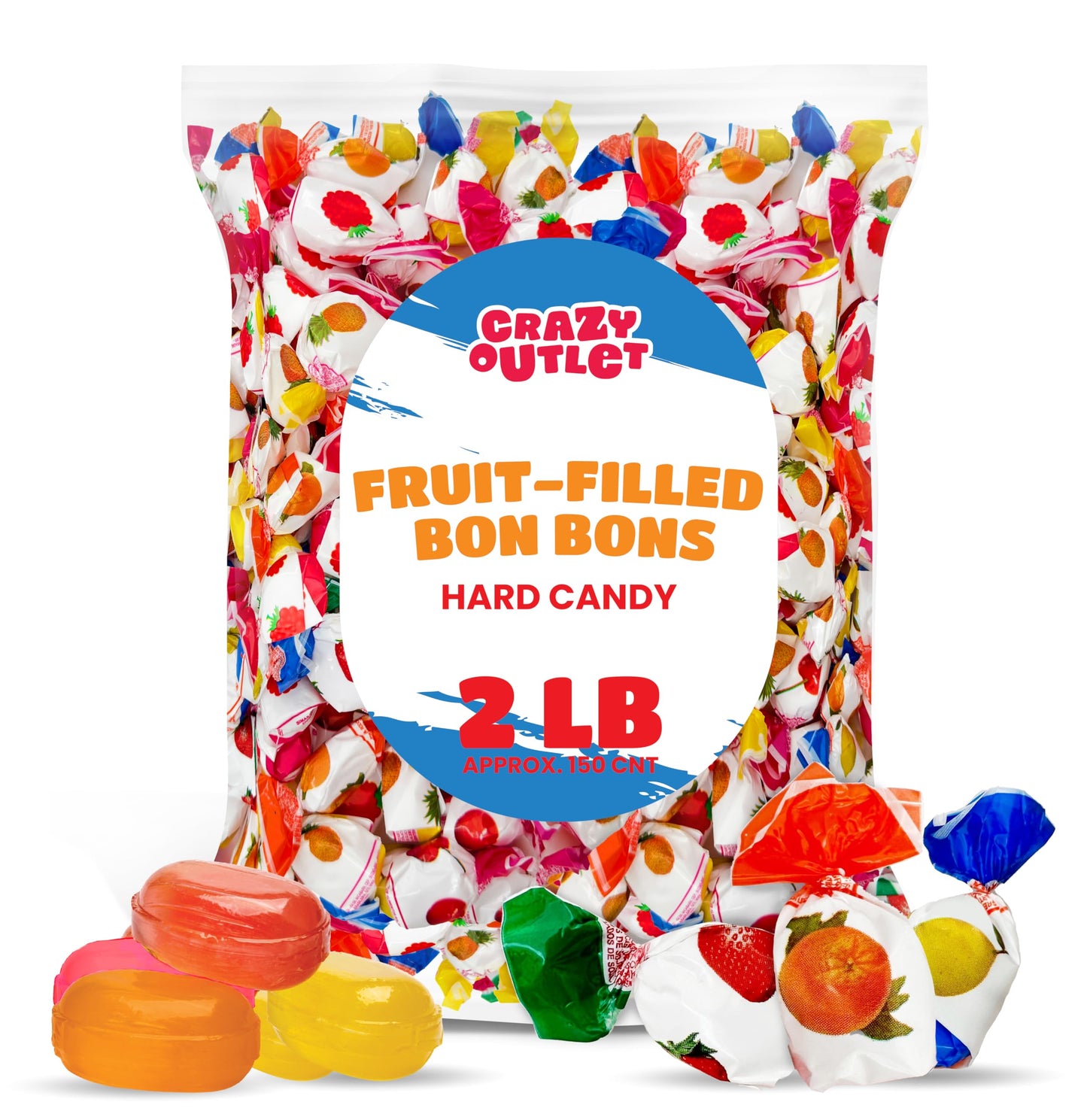 Fruit Filled Hard Candy - 2 Pound Bulk Pack (About 150 Count) - Assorted Flavors Bon Bons