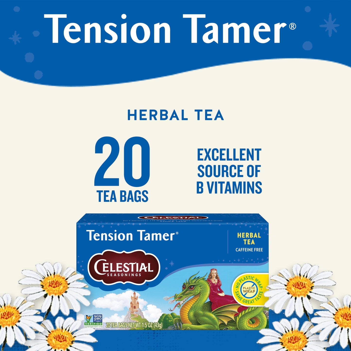 Celestial Seasonings Tension Tamer Herbal Tea, Caffeine Free, 20 Tea Bags, Pack of 6