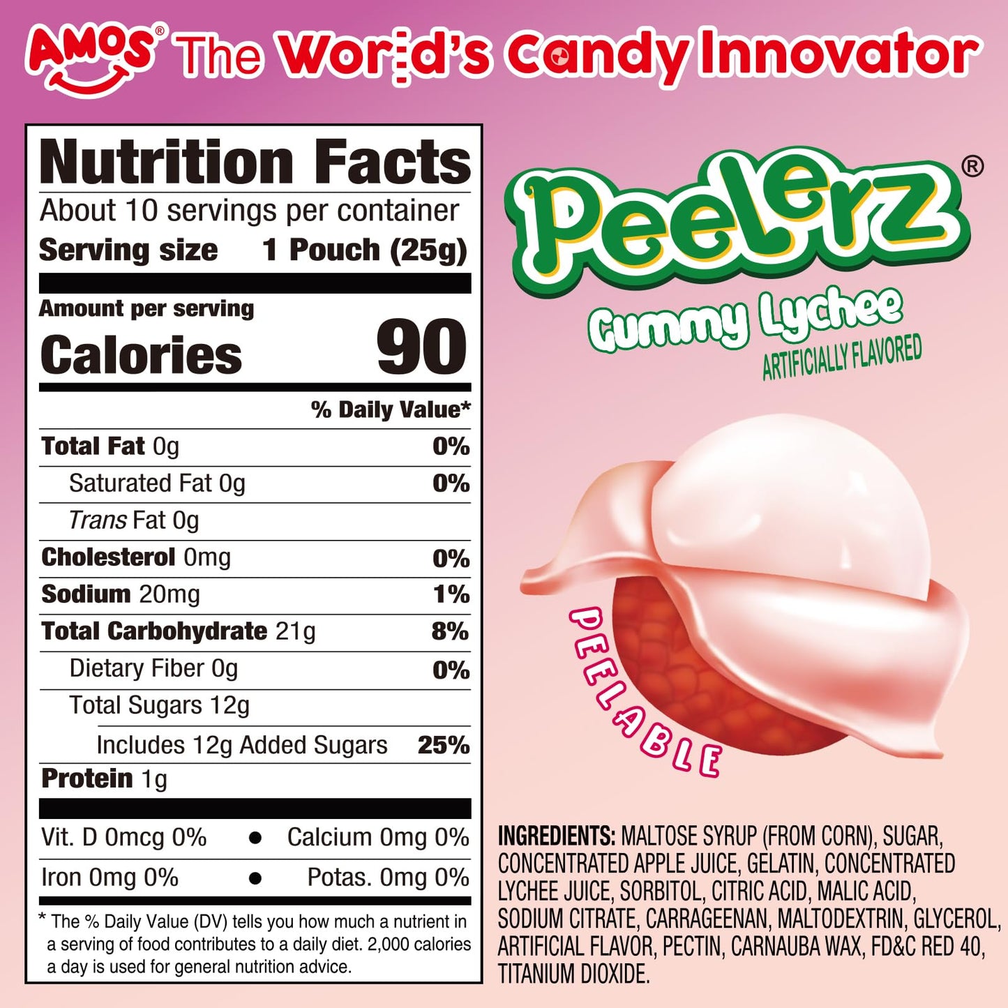 Amos Peelerz Lychee Gummy Candy, Peelable Fruit-Shaped Candy, 8.47Oz Box With 10 Individual Packs - Fun Peeling Gummy Snack Made