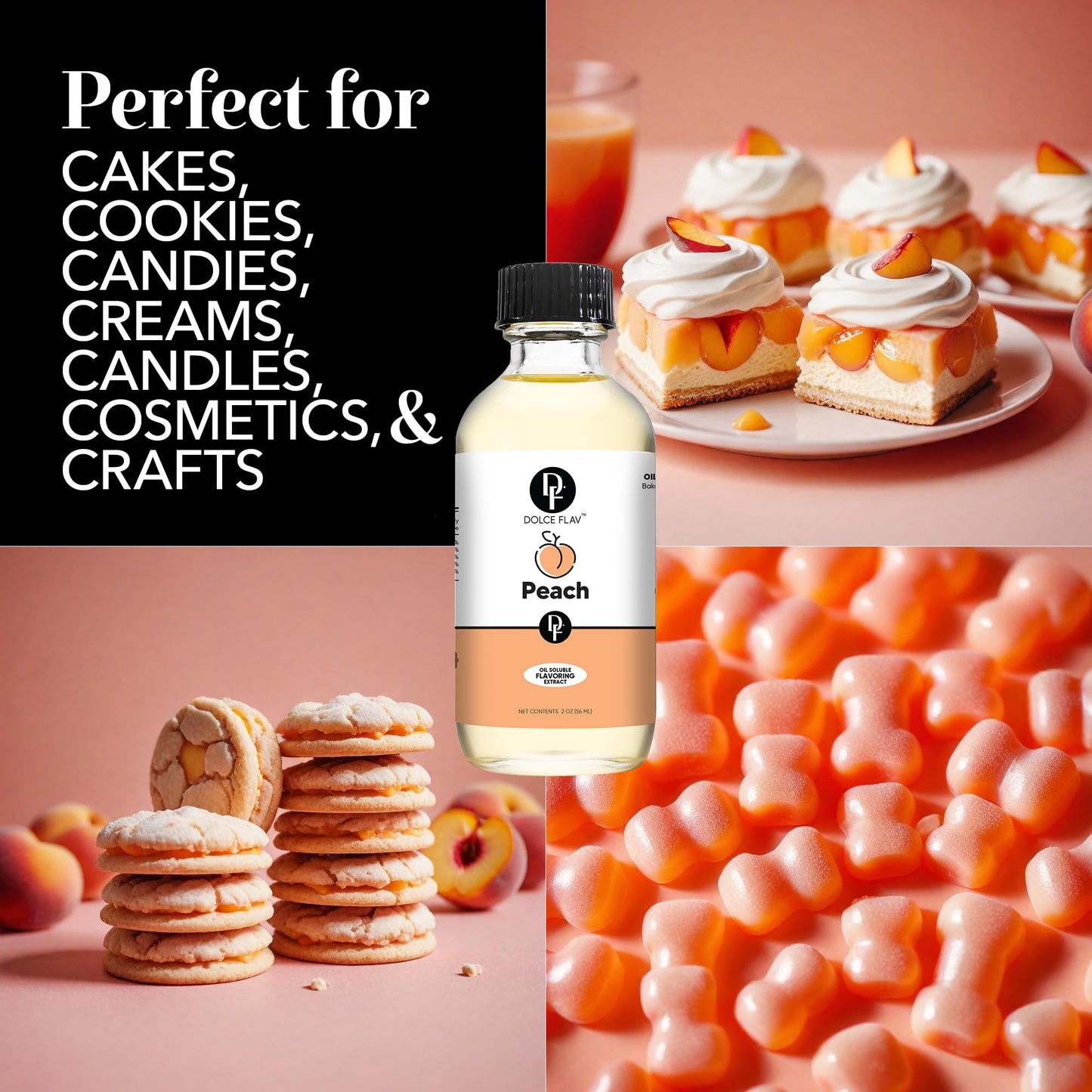 Dolce Flav Peach Extract, 2 Oz Oil-Soluble Flavoring for Baking & Desserts, Kosher, Sugar-Free, Includes Measured Dropper