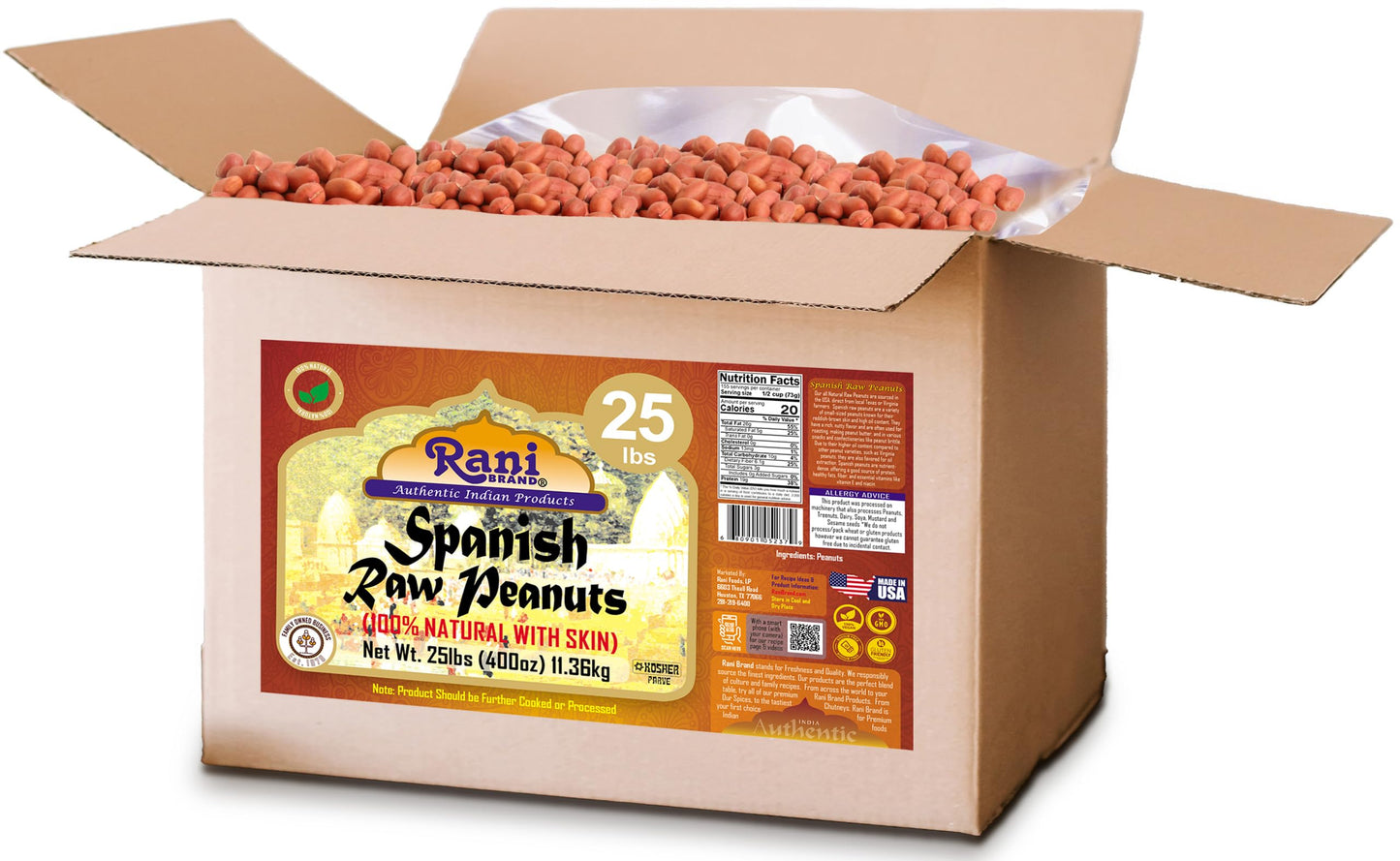 Rani Raw Spanish Peanuts 100% Natural With Skin (Uncooked, Unsalted) 25Lbs (400Oz) 11.36Kg Bulk Box ~ Vegan | Gluten Friendly |