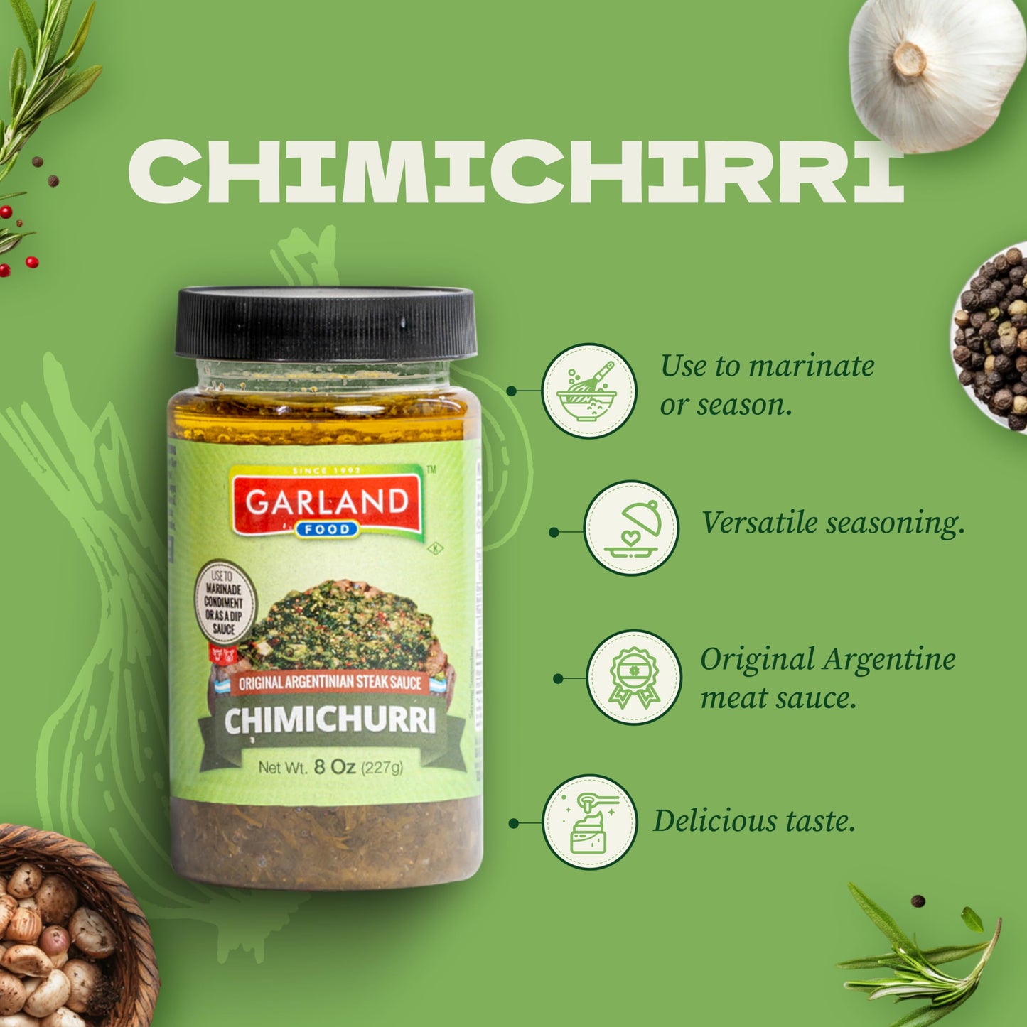 Garland Food Chimichurri Sauce 8 Oz - Made In The Usa - Authentic Argentinian Chimichurri Sauce & Seasoning, Perfect For Steak &