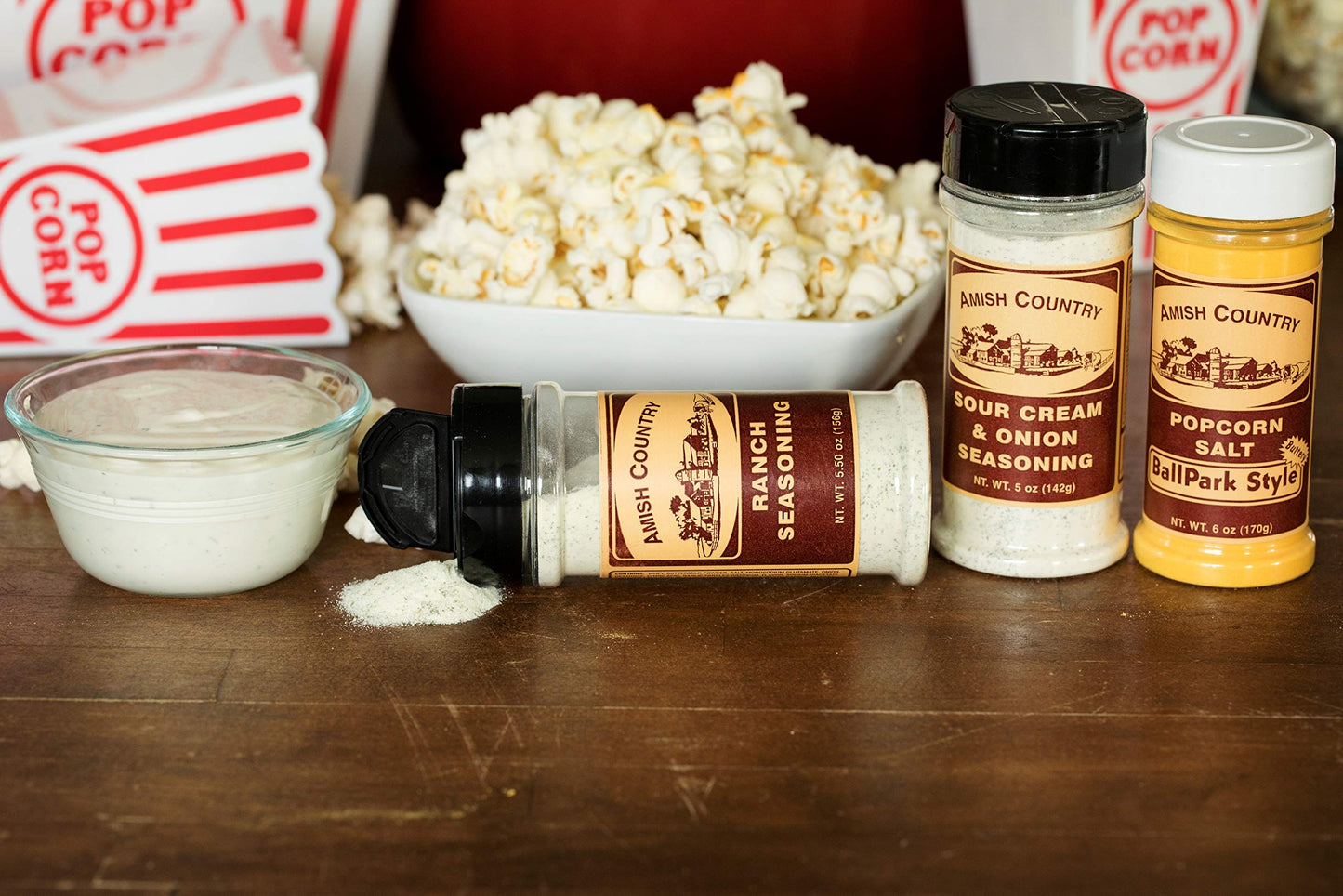 Amish Country Popcorn | Seasoning Variety Pack | Ballpark Style ButterSalt - 5.5 oz, Ranch - 5.5 oz & Sour Cream and Onion - 4.7