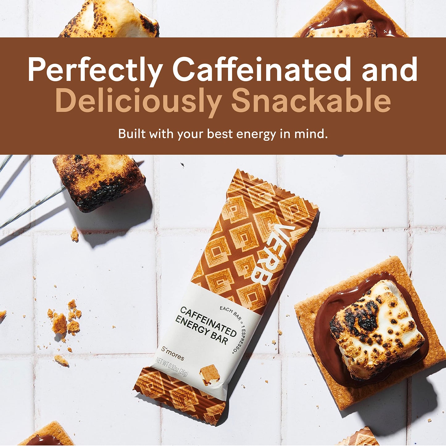 Verb Caffeinated Energy Bars Smores (26G, Pack Of 16) 110-Calorie Delicious Low Sugar Energy Bar - Vegan Gluten Free On-The Go Snack With 80Mg Green Tea Caffeine, Only Real-Food Ingredients