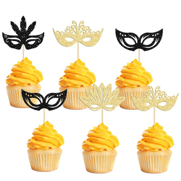 24Pcs Masquerade Masks Cupcake Toppers Black Gold Glitter Bachelorette Party Mask Cupcake Food Picks Masquerade Mardi Gras Party