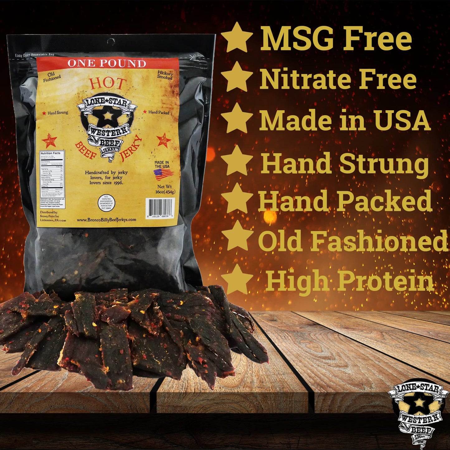 Lone Star Beef Jerky - Hot Flavor - 16 Ounce Resealable Bag - High Protein Snack
