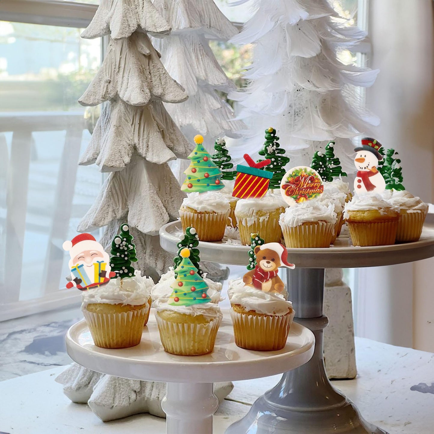 Gyufise 60Pcs Edible Christmas Cake Cupcake Decoration Edible Xmas Santa Claus Snowman Socks Cake Decorations Wafer Paper Holida