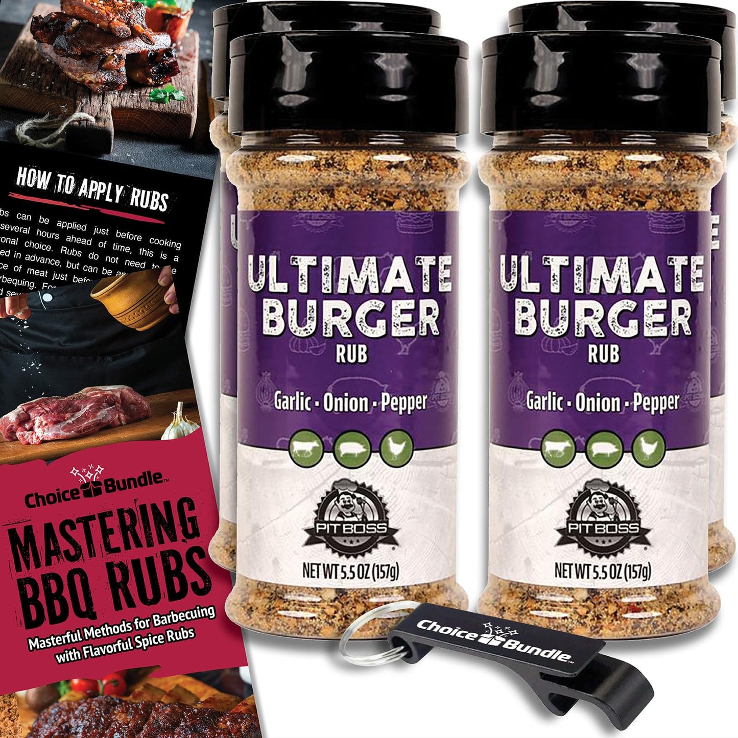 Pit Boss BBQ Mixed Seasoning Spice & Rub Bundle, 4 Pack (22 oz) with Guide & Keychain Opener