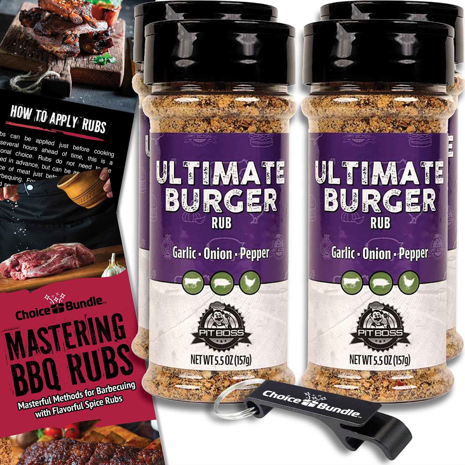Pit Boss BBQ Mixed Seasoning Spice & Rub Bundle, 4 Pack (22 oz) with Guide & Keychain Opener