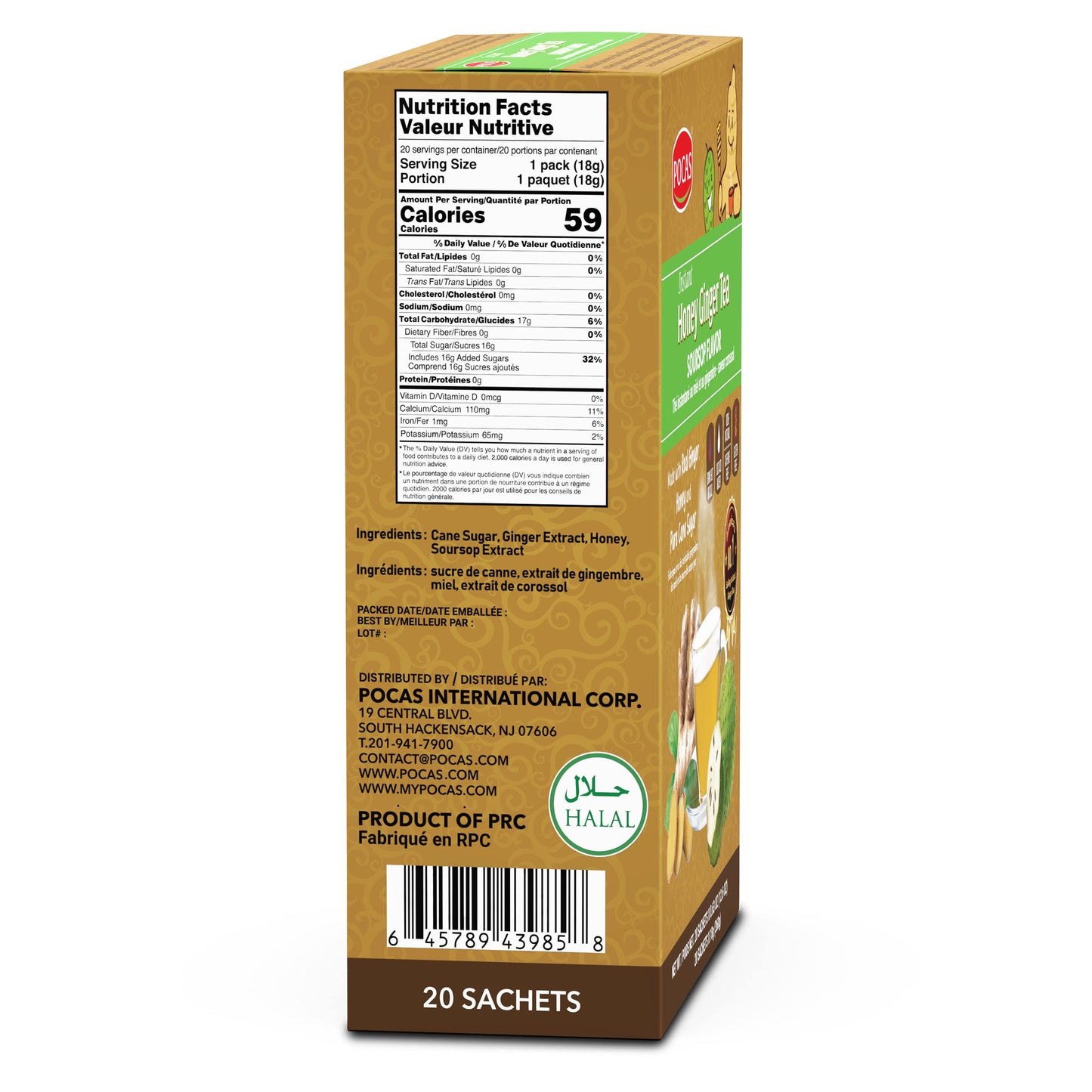 Pocas Honey Ginger Instant Tea Powder, Soursop Flavor, Caffeine-Free, 20 Count (Pack of 2)
