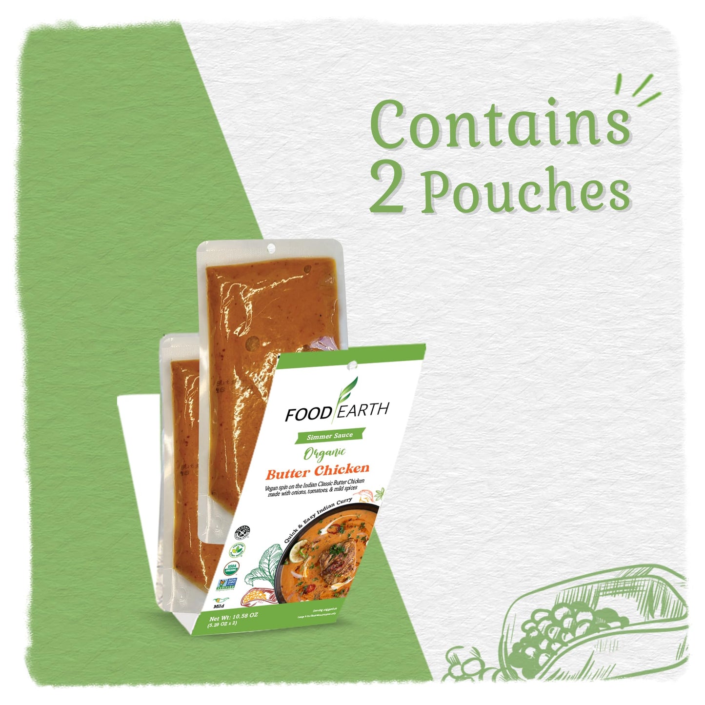 Food Earth Indian Simmer Sauce - Butter Chicken - Organic, Vegan, Gluten-Free, Gmo-Free - Microwavable Cooking Sauce - 12 Pouche