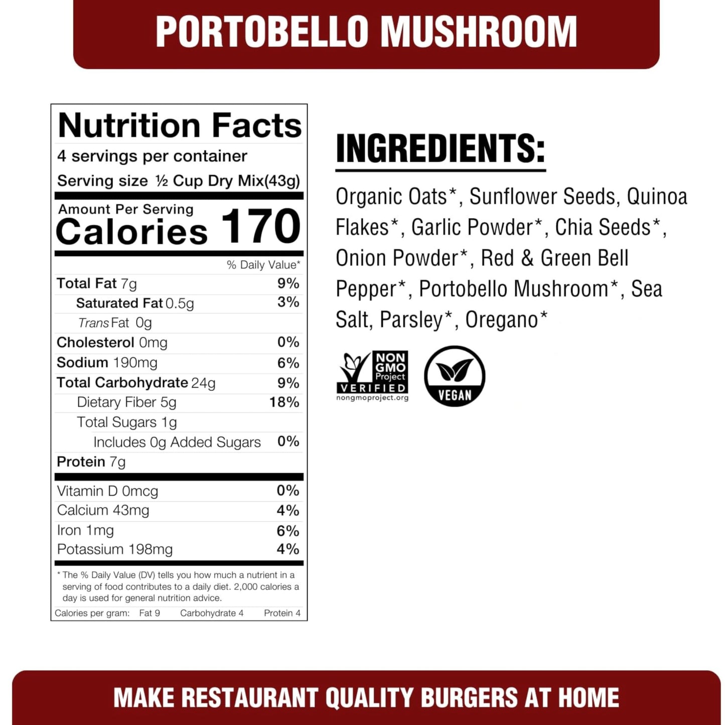 PLANTSTRONG Portobello Plant Based Burger Mix 6oz (4 Pack) - NON-GMO, Whole Grain, Plant Based, Vegan, Gluten Free, Oil Free, Sh