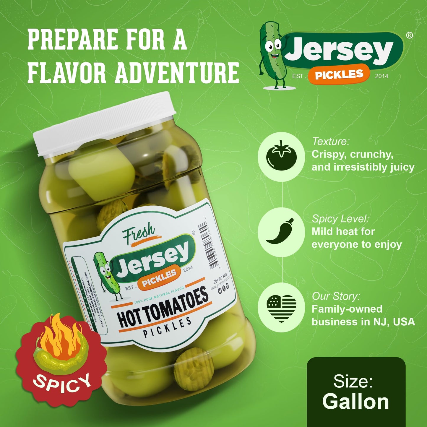 Jersey Pickles - Hot Pickled Tomatoes (Gallon) - Pickled Vegetable - Handcrafted Gourmet Topping for Sandwiches  Charcuterie & More