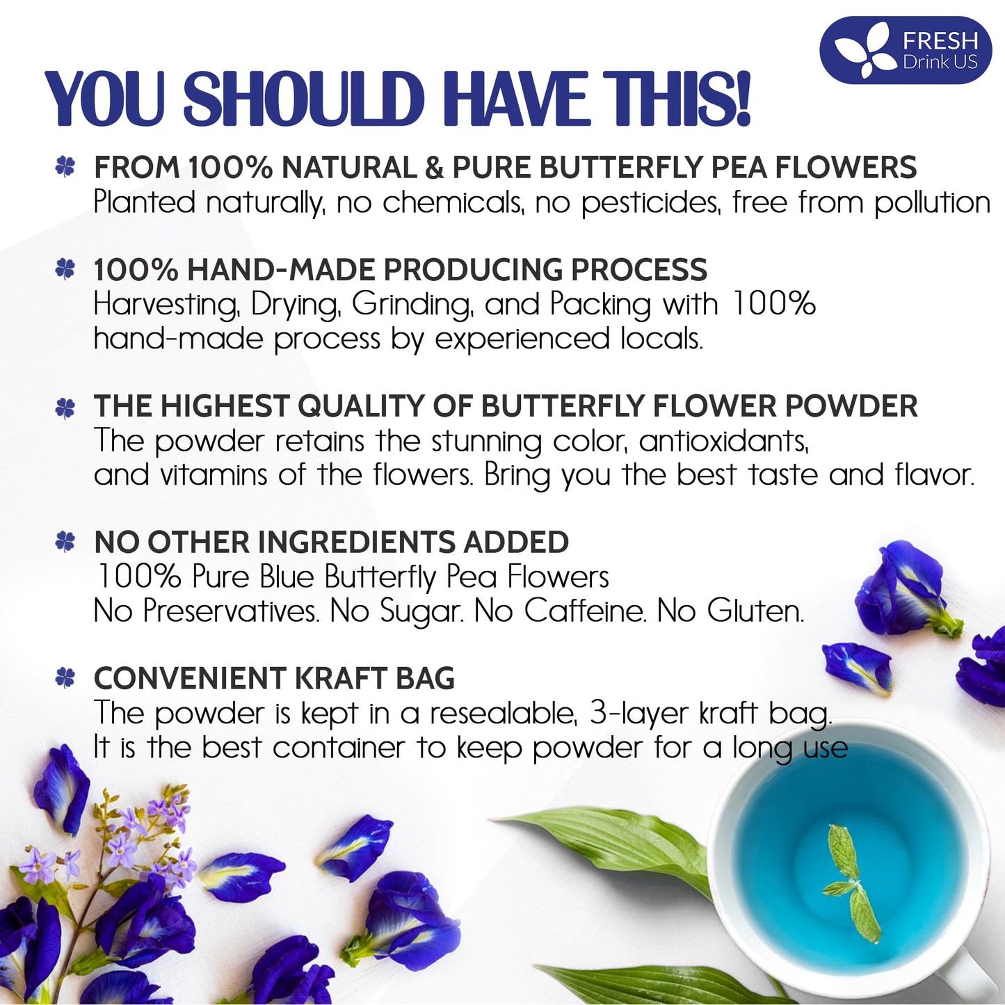 FRESHDRINKUS Butterfly Pea Flower Powder, 100% Natural, Vegan, 6.5oz (Pack of 1)