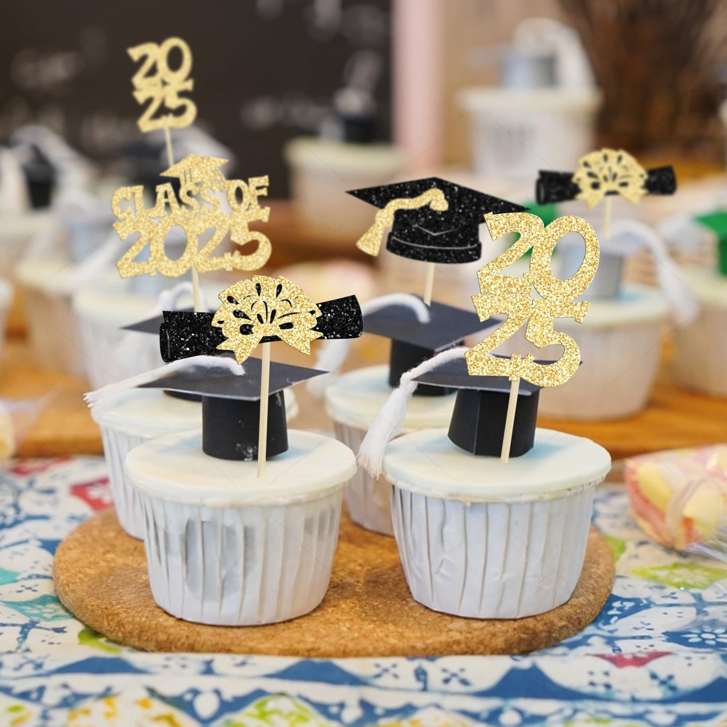 Ephlyn Graduation Cupcake Toppers, 36Pcs Gold Glitter Class of 2025, Congrats Grad Picks for Cake Decorations