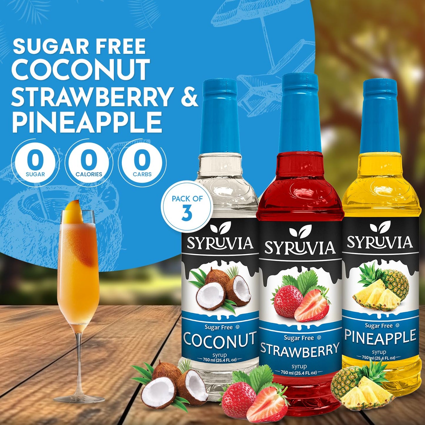 Syruvia Sugar-Free Pineapple, Strawberry & Coconut Syrup Variety Pack - 25.4 Oz - Perfect For Cocktails, Desserts, Italian Soda