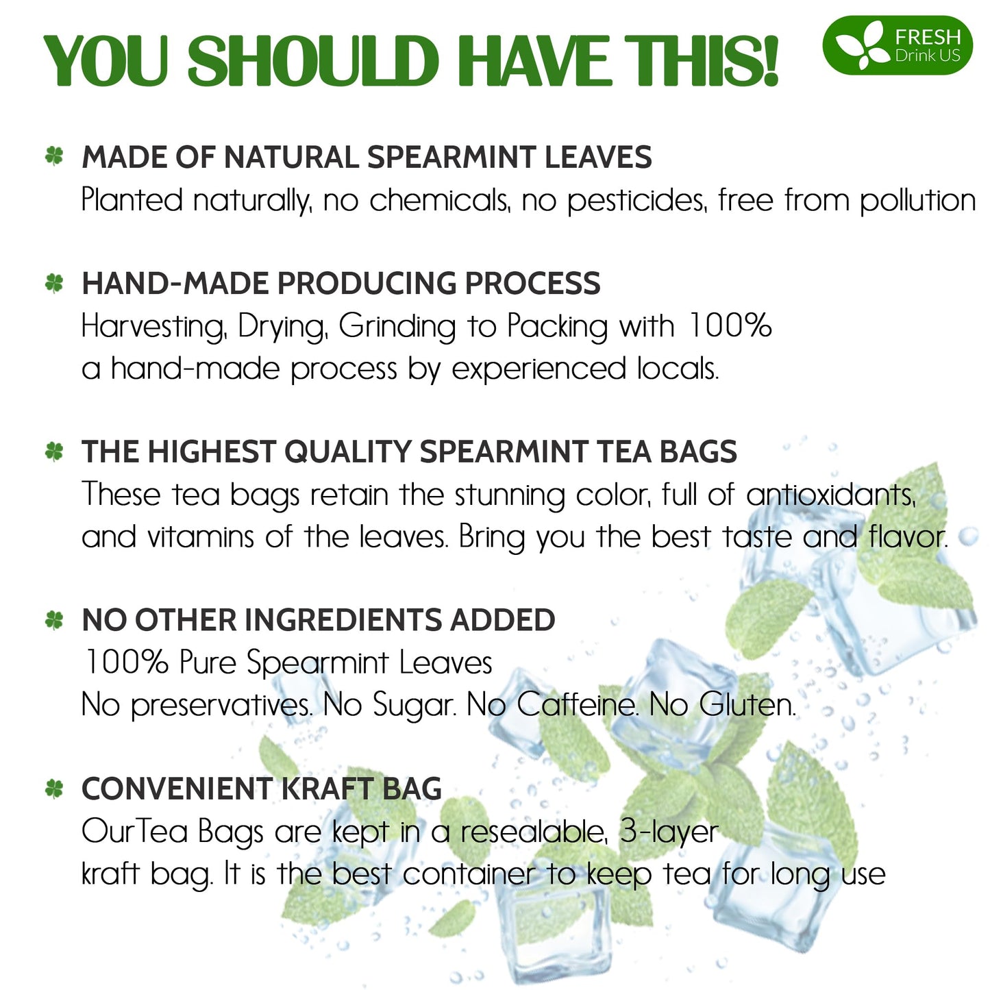FRESHDRINKUS Spearmint Herbal Tea Bags, 100% Natural, Caffeine-Free, Vegan, 45 Tea Bags