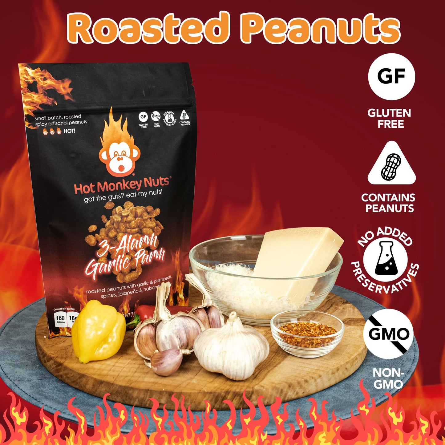 Hot Monkey Nuts Spicy Peanuts | 3-Alarm Garlic Parm - Flavored with Garlic, Parmesan, and Habanero, 7.5oz Resealable Pouch, Non-