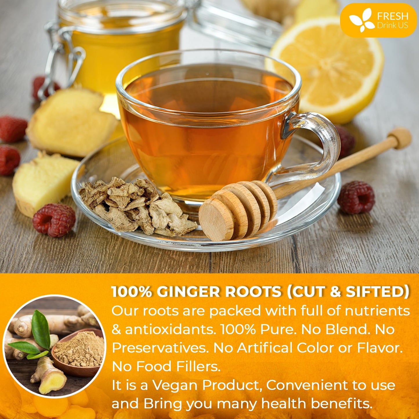 FRESHDRINKUS Premium Ginger Root Tea, 100% Natural & Pure, 10oz, Vegan, Caffeine-Free
