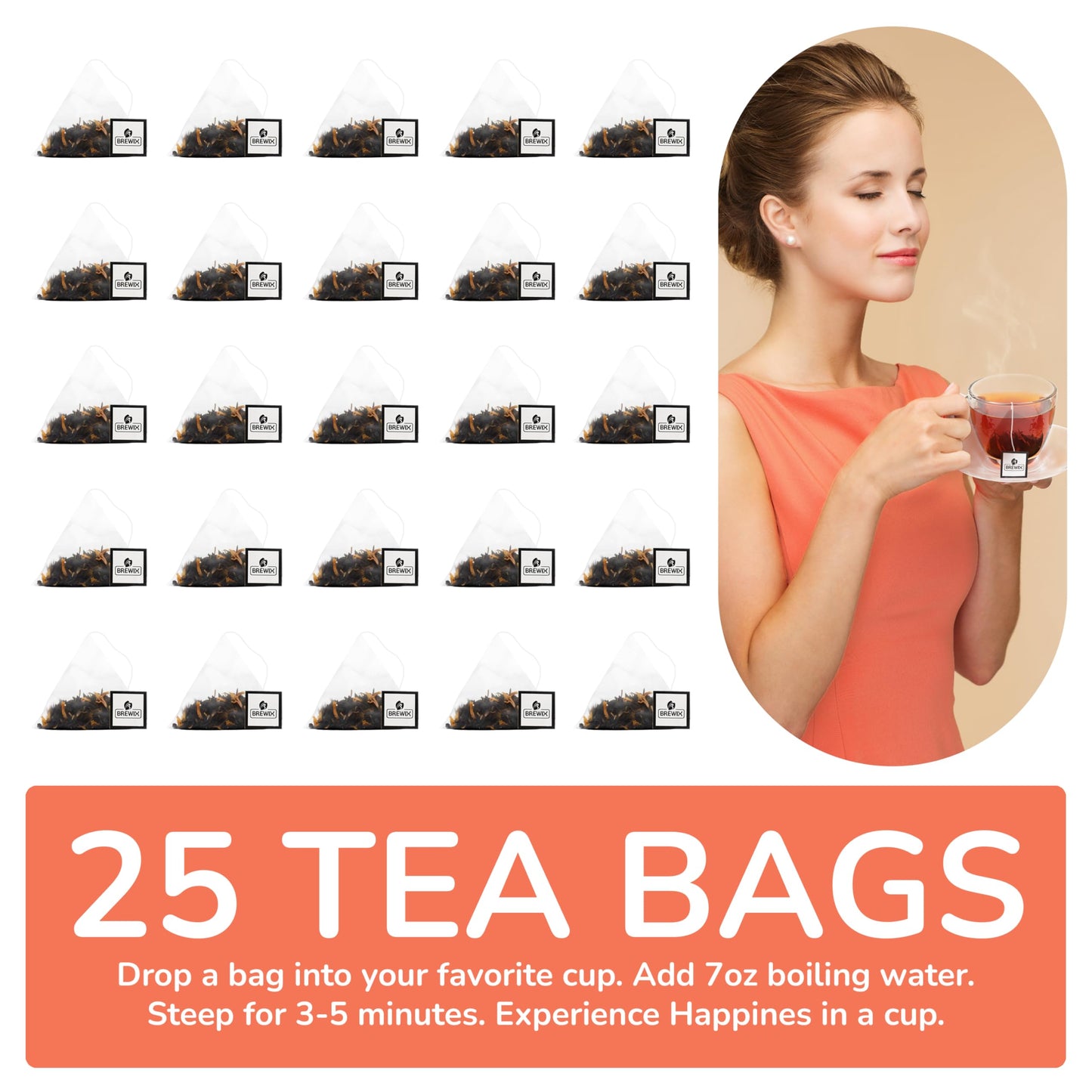 BREWIX Peach Black Tea - Premium Caffeinated Blend, Sugar-Free, 25 Pyramid Bags