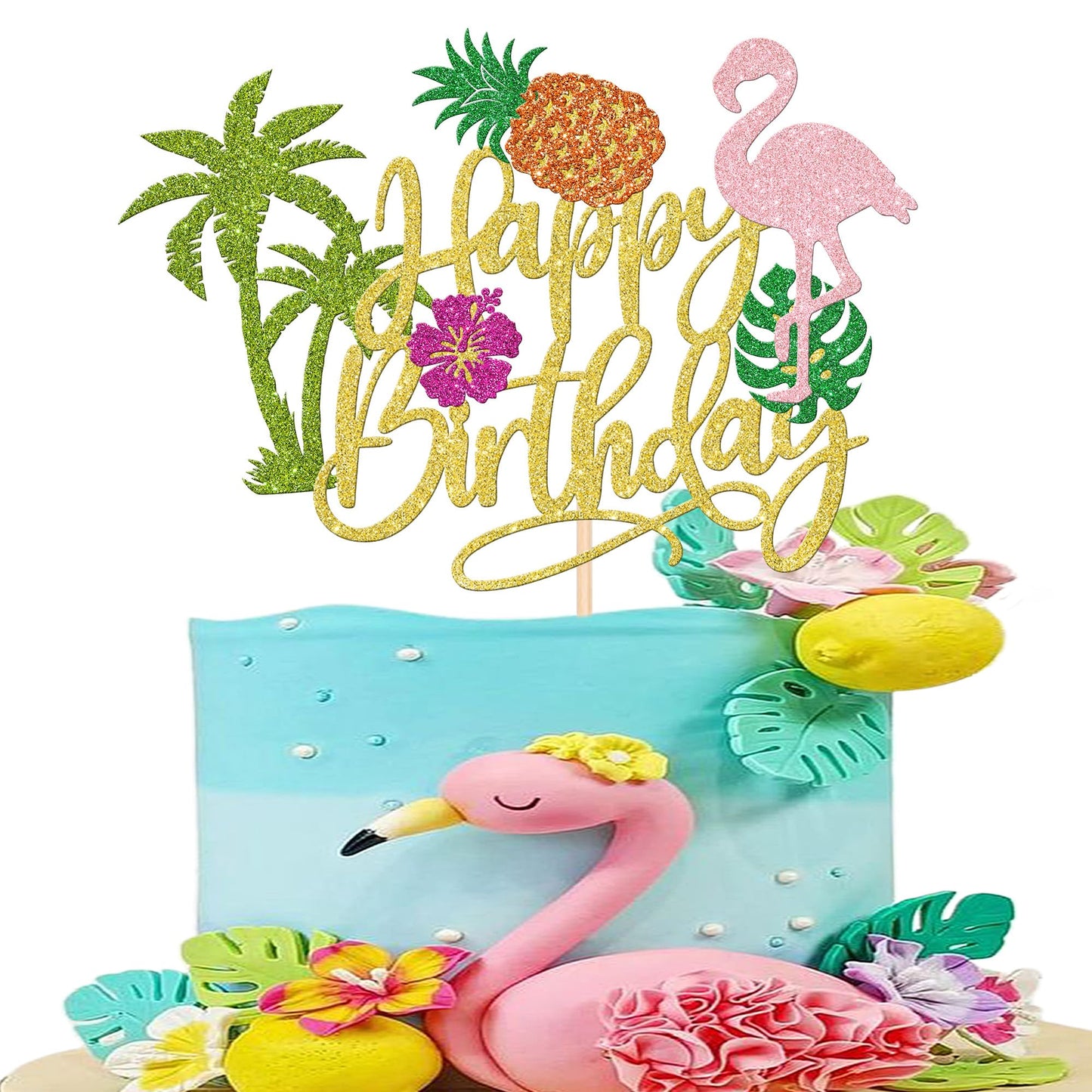 1 Pcs Tropical Luau Happy Birthday Cake Topper Glitter Flower Flamingo Turtle Leaf Pineapple Palm Tree Cake Pick For Summer Beac