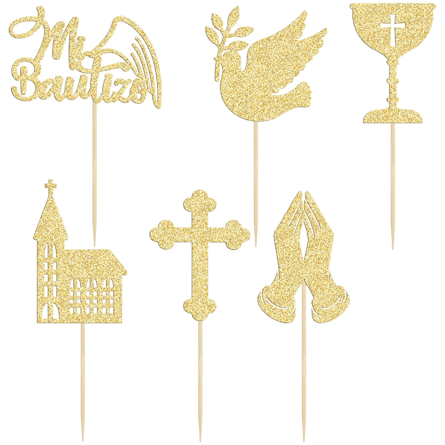 Gyufise Gold Cupcake Toppers, Glitter Cross Angel Dove Decorations, 24Pcs, Paper, Small, God Bless Theme for Baptism & Baby Shower