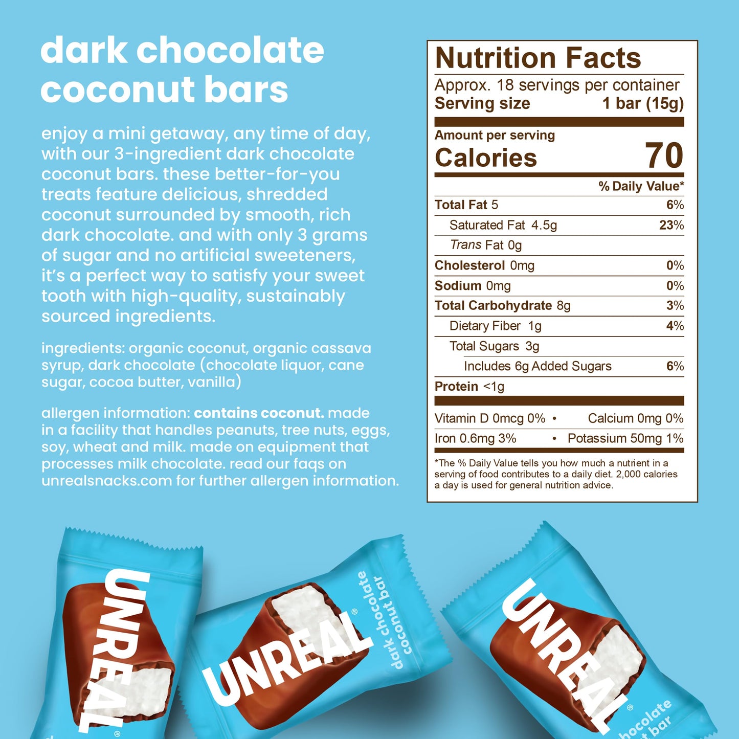 Unreal Dark Chocolate Coconut Bars (40 Mini Bars) | Vegan, 3G Sugar, & 3 Simple Ingredients | Non-Gmo, Gluten Free, & Fair Trade