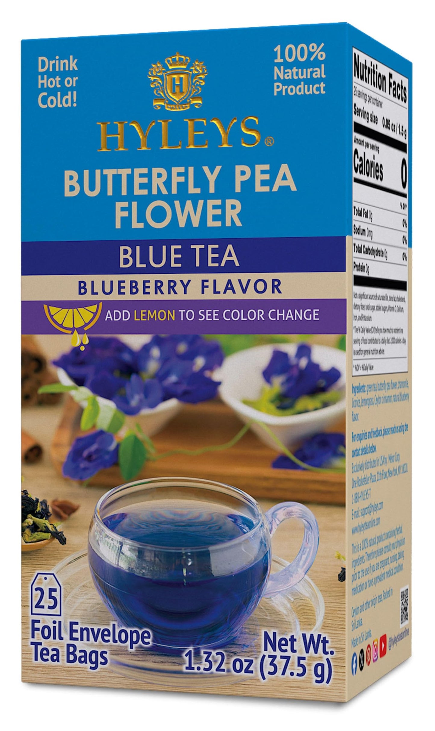 HYLEYS Butterfly Pea Flower Tea - Blue Tea with Blueberry Flavor - 25 Tea Bags - 12 Pack (300 Total)