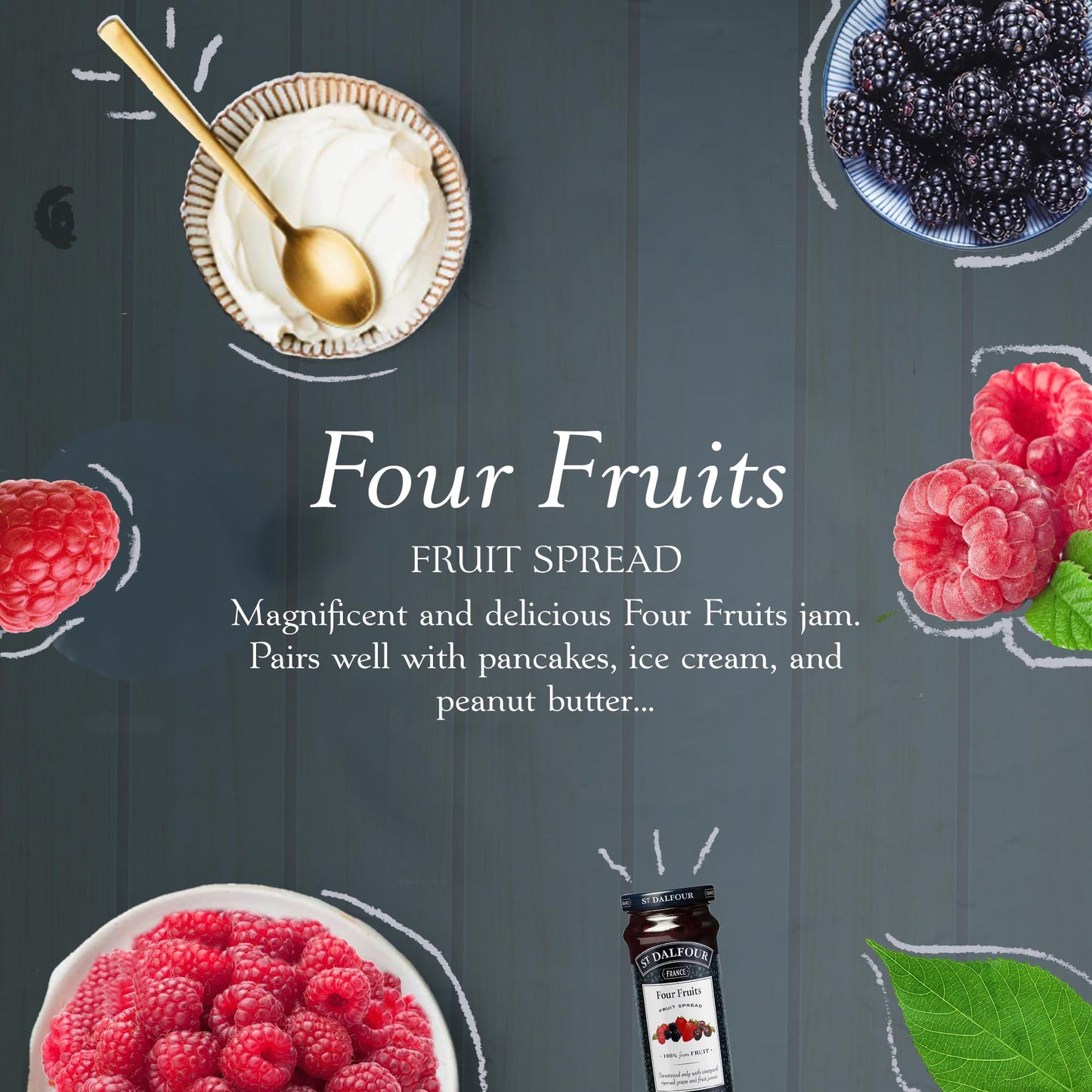 St Dalfour Four Fruits French Fruit Spread (10Oz) - Artisanal Recipe - 100% From Fruit - No Synthetic Nitrates Or Nitrites - Naturally Sweetened