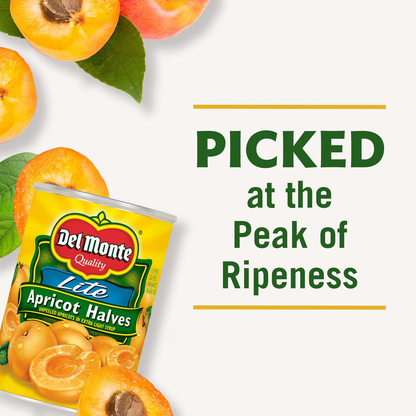 Del Monte Lite Apricot Halves in Extra Light Syrup, Canned Fruit, 15 oz Can (12 Pack)