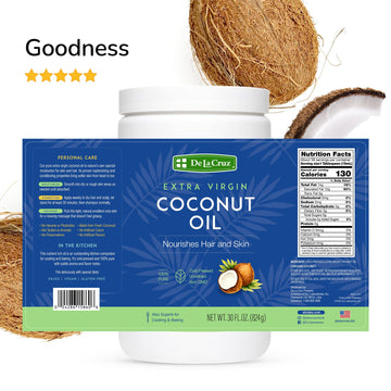 De La Cruz Extra Virgin Coconut Oil - 100% Pure For Skin And Hair - Cooking - Multipurpose, Unrefined And Cold Pressed - 30 Fl O