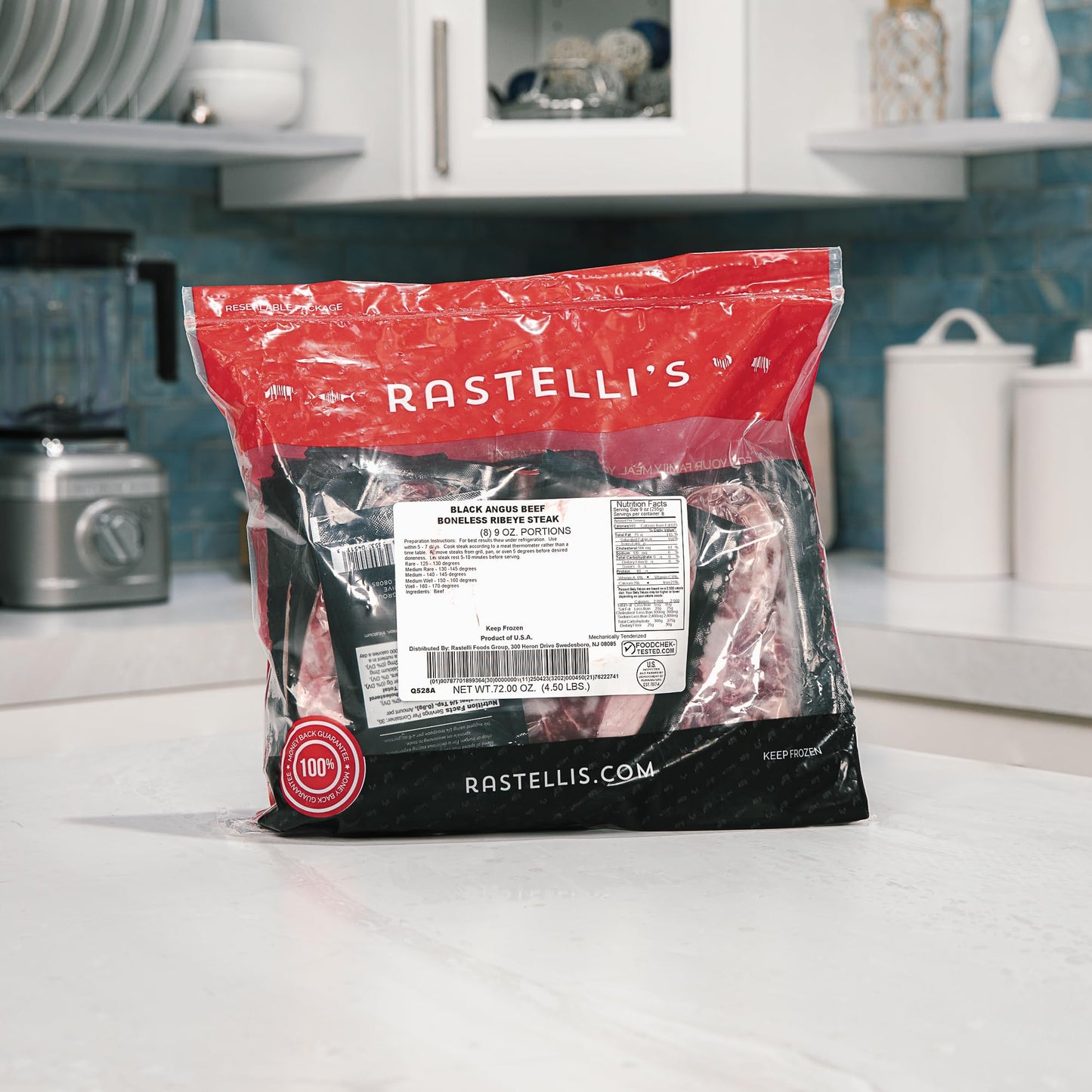 Rastellis Black Angus Beef Ribeye Steaks, 9 oz Portions, 8 Count, Total 4.5 lbs