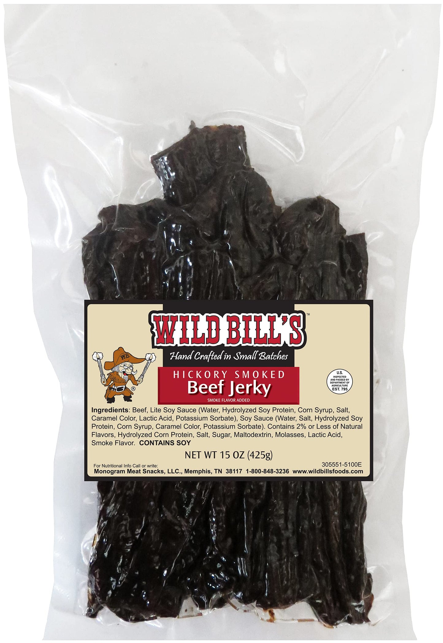 Wild Bills Hickory Smoked Beef Jerky Strips, 15 Ounce, Varied Size Strips