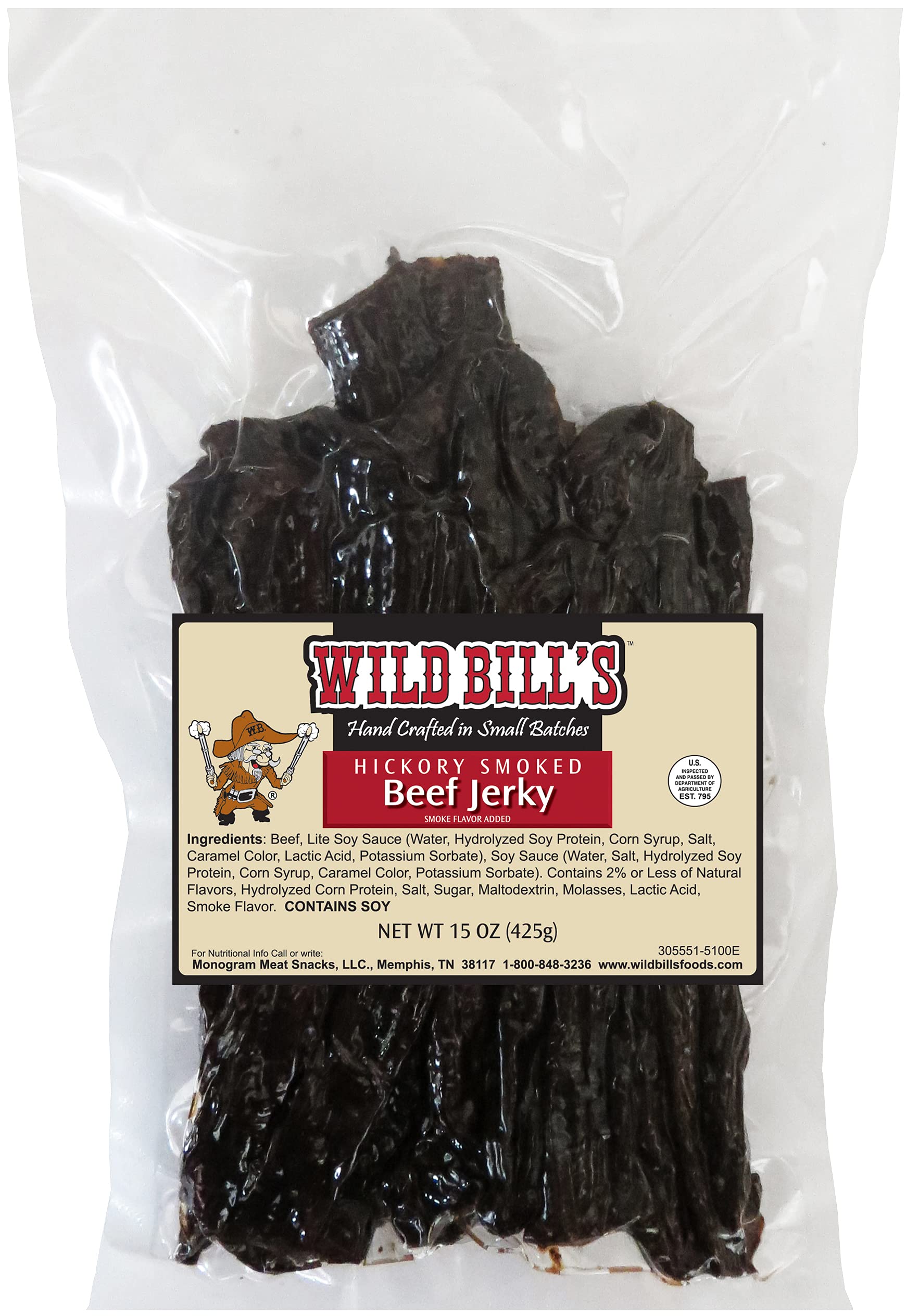 Wild Bills Hickory Smoked Beef Jerky Strips, 15 Ounce, Varied Size Strips