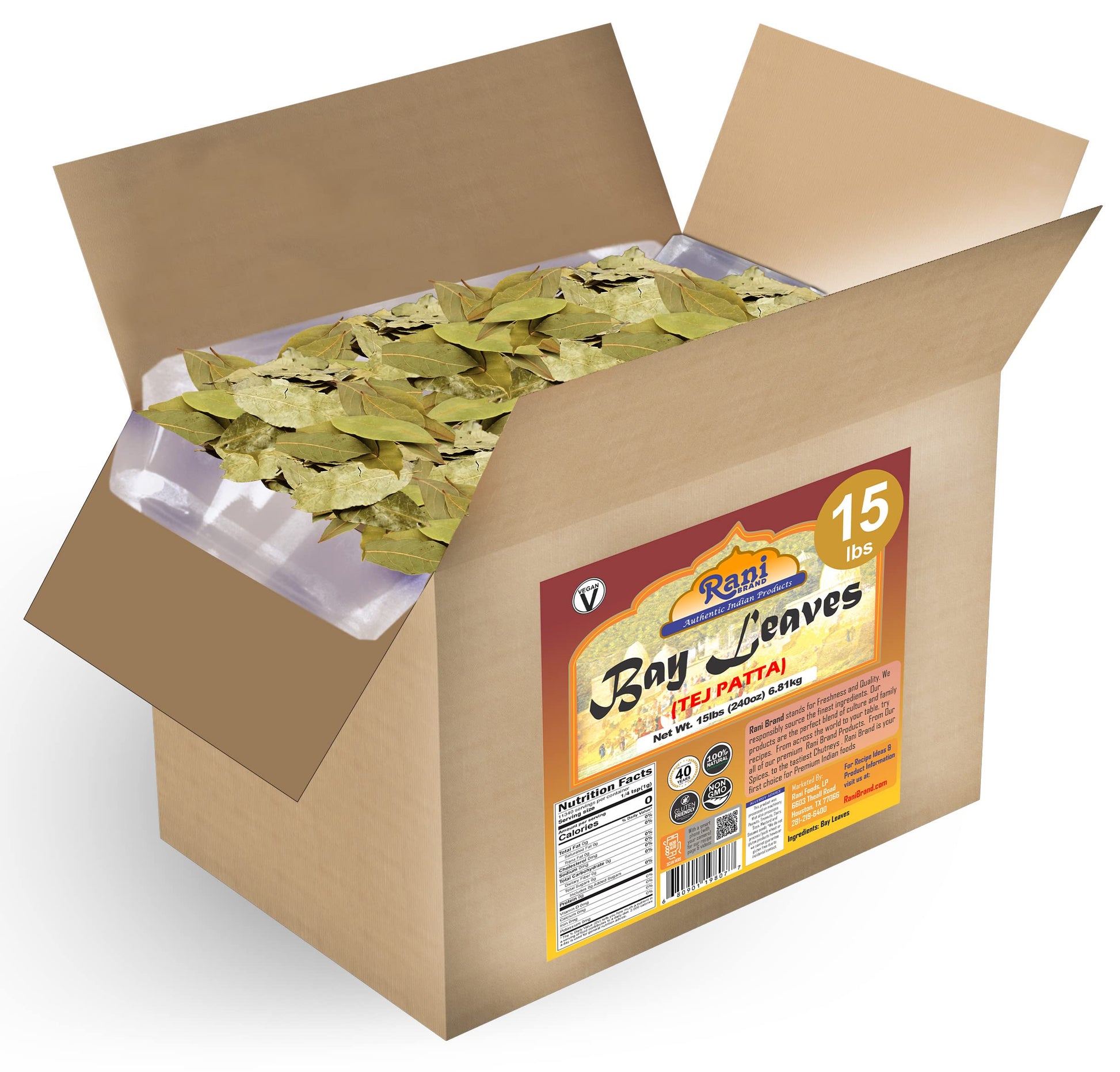 Rani Bay Whole Leaf (Leaves) Spice Hand Selected Extra Large 240Oz (15Lbs) 6.81Kg Bulk Box ~ All Natural | Gluten Friendly | Non-Gmo | Vegan | Indian Origin (Tej Patta)