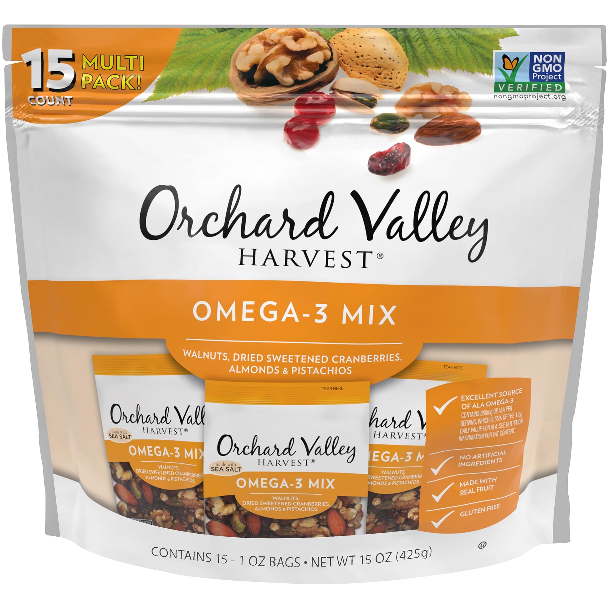 Orchard Valley Harvest Omega-3 Mix, 1 Ounce Bags (Pack Of 15), Walnuts, Cranberries, Almonds, And Pistachios, Gluten Free, Non-G