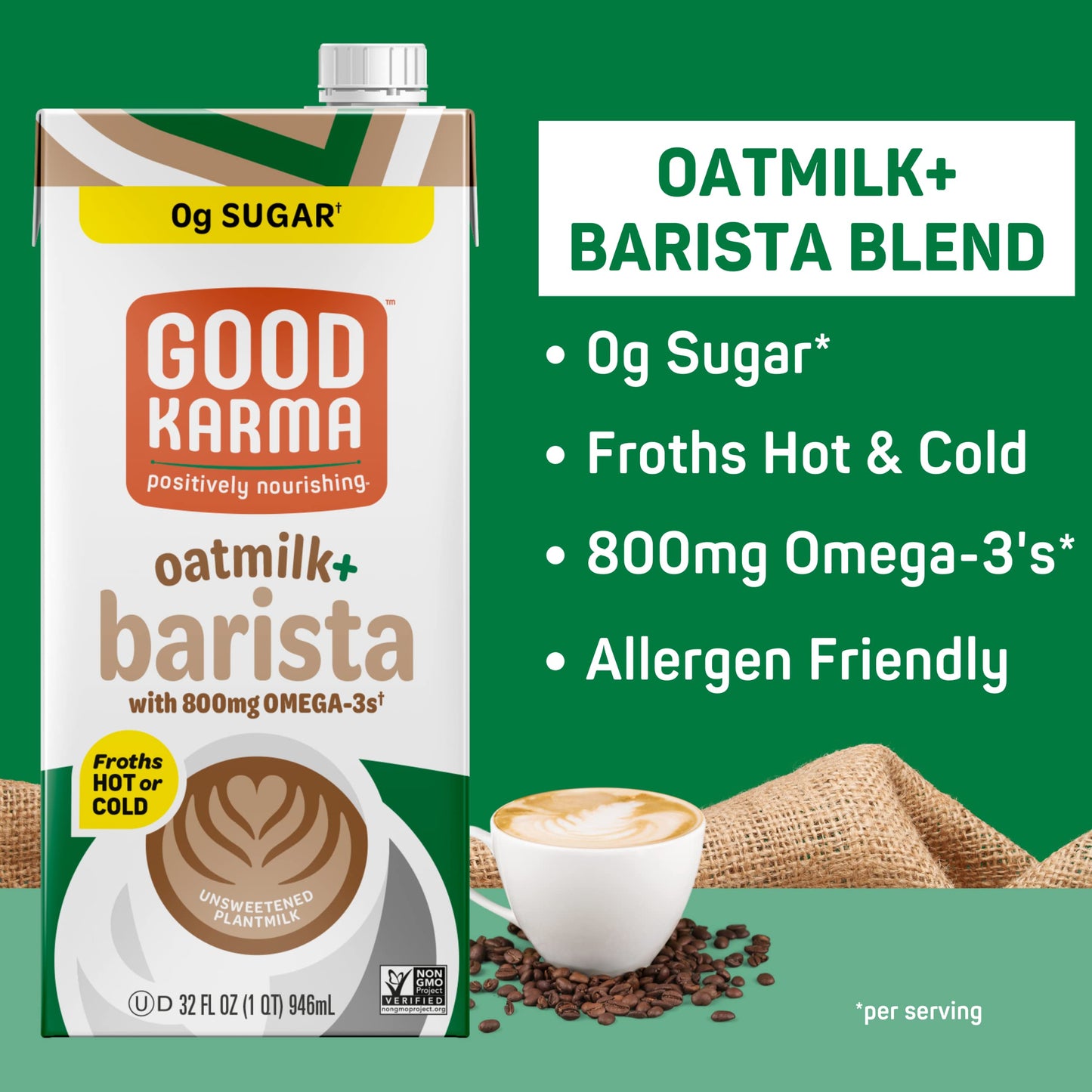 Good Karma Unsweetened Oatmilk + Barista Blend, 32 Ounce (Pack of 6), 800mg Omega -3s, Plant-Based Non-Dairy Milk Creamer Altern
