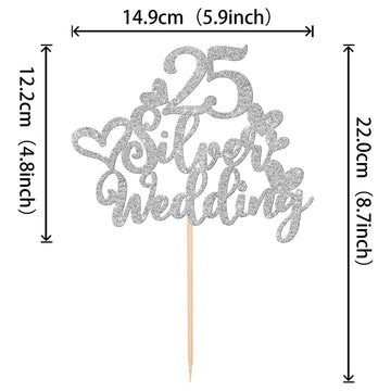 1 Pcs 25Th Wedding Anniversary Cake Topper Glitter Heart 25 Silver Wedding Cake Pick Cheers To 25 Years Cake Decoration For Happ
