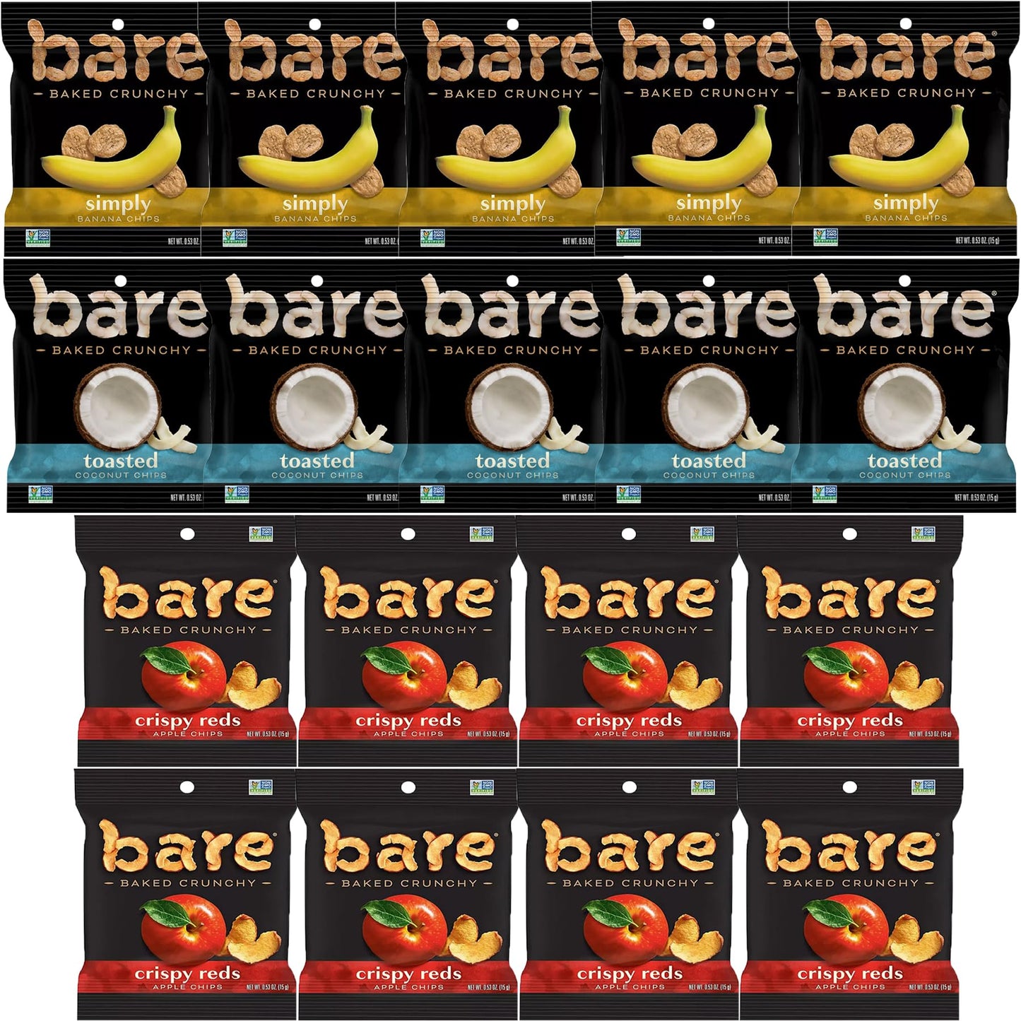Bare Chips Variety Pack - Assortment Of Apple Chips, Banana Chips And Coconut Chips Snack Size - Care Package Gift Box (18 Count