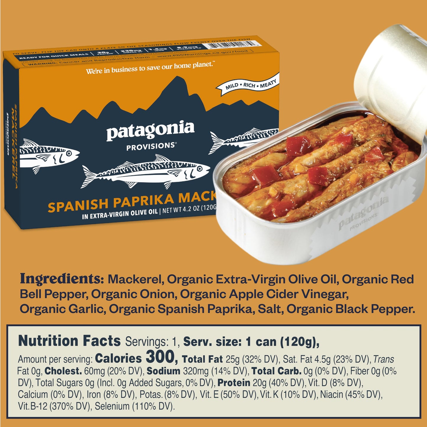 Patagonia Provisions Spanish Paprika Wild Mackerel | Responsibly Sourced in Spain | 20g Protein & Gluten Free
