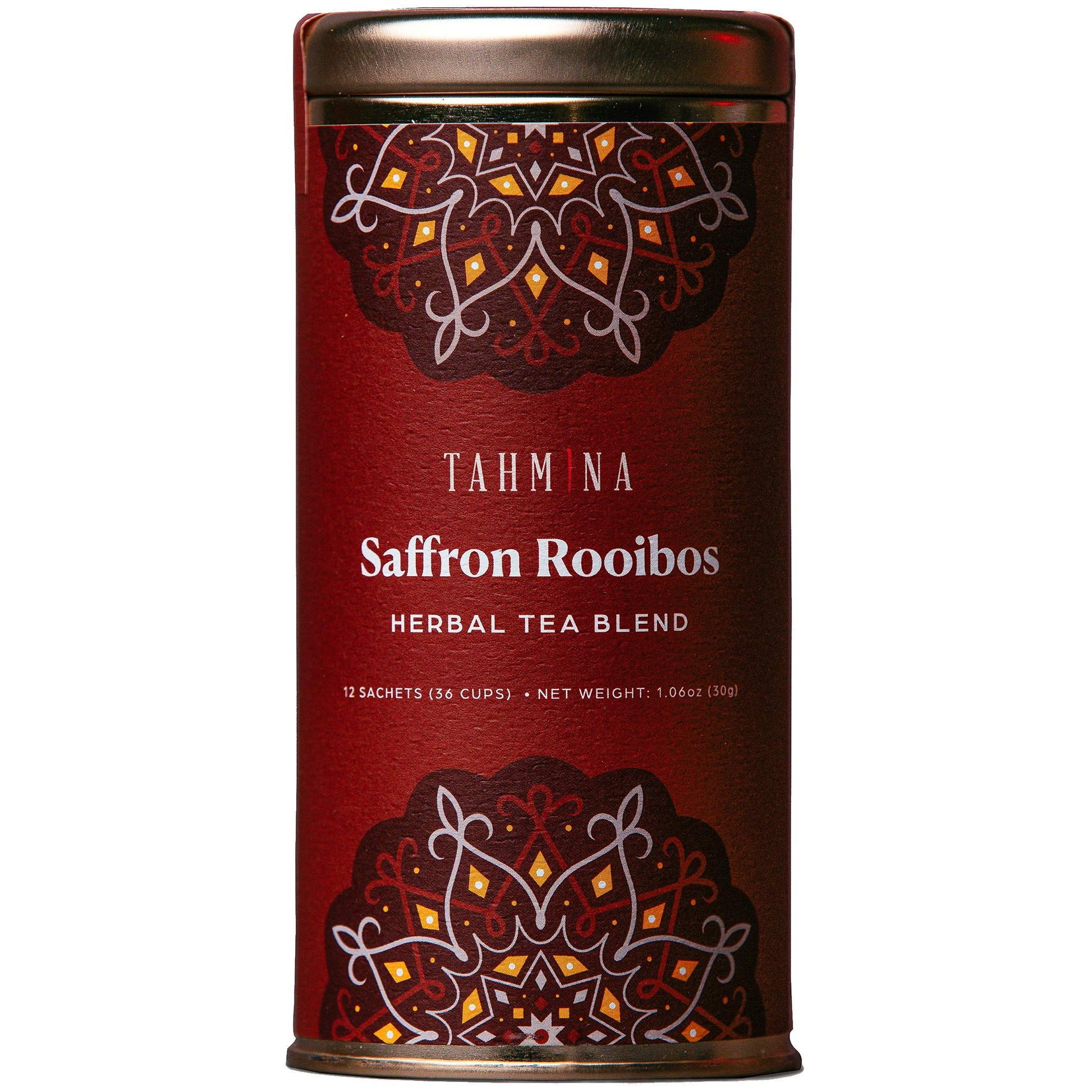 Tahmina Saffron Rooibos Tea - Caffeine Free Herbal Blend, 12 Biodegradable Pyramid Bags, 36 Cups, 1 Pack