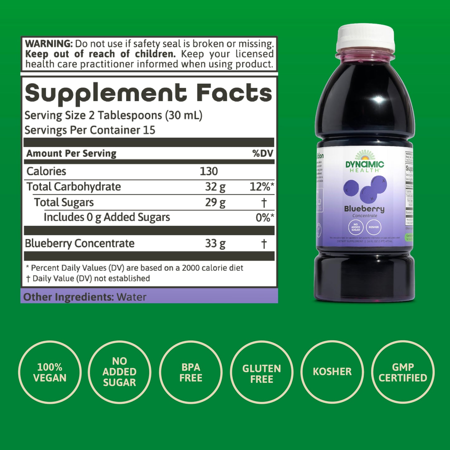 Dynamic Health Blueberry Concentrate, 100% Concentrate, Unsweetened, No Additives, Brain Function, Antioxidant Support, Vegan, G