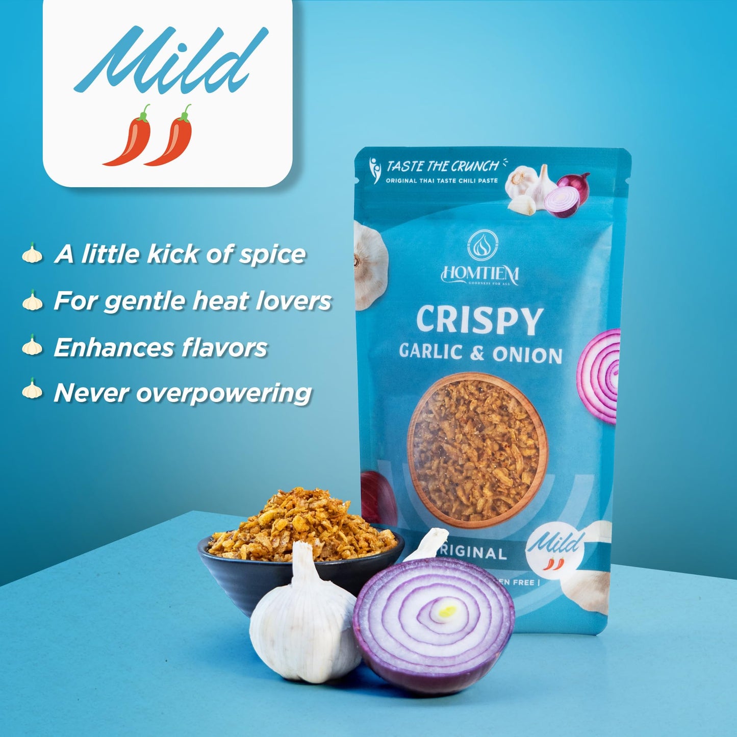 Homtiem Crispy Garlic & Onion : Original Mild 3.5 Oz., Mild Spice, Versatile Seasoning, All-Natural, Non-Gmo, Vegan & Gluten-Fre