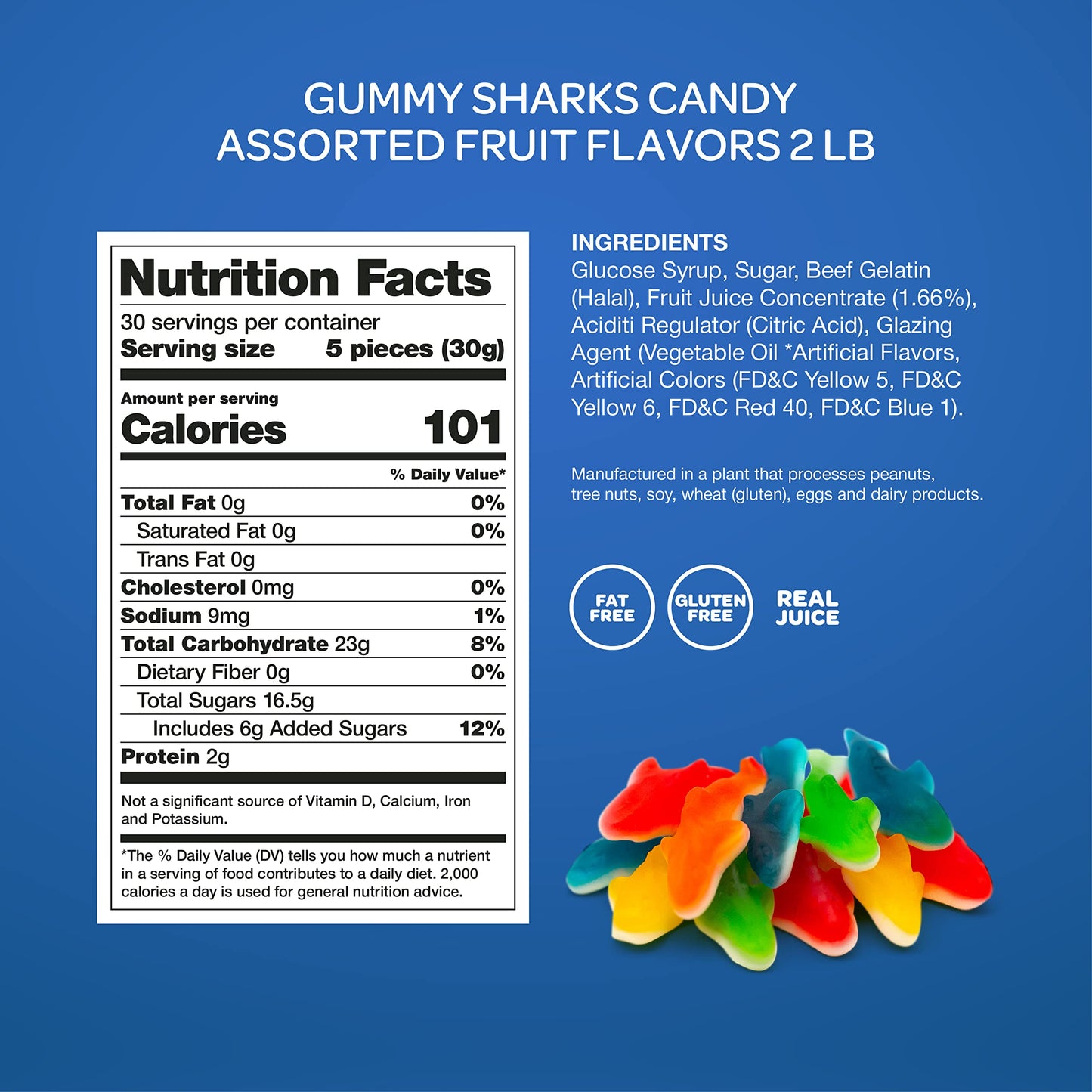 FUNTASTY Gummy Sharks Candy - Assorted Fruit Flavors - 2 Pound Bulk Pack (About 150 Count) - Yellow, Blue, White, Lime, Green, Red