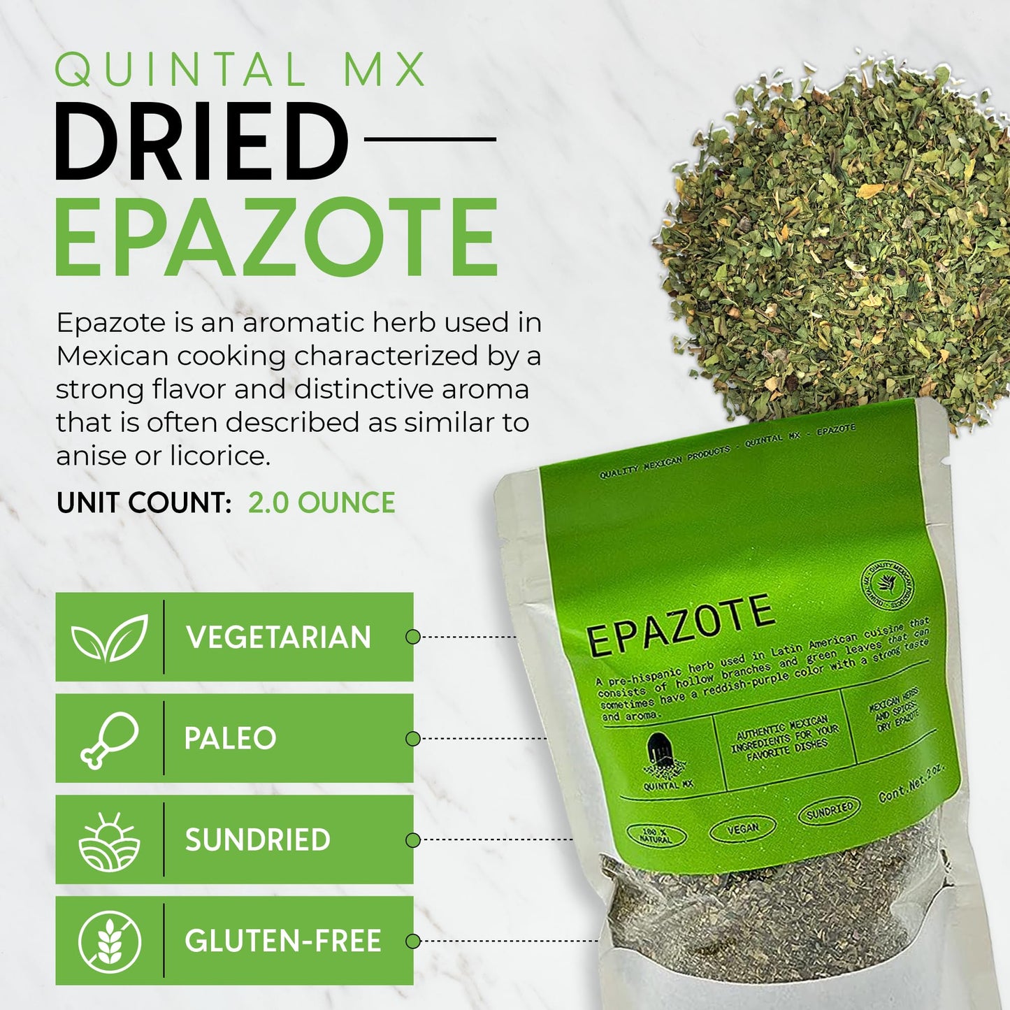 Quintal Mx Dried Epazote Leaves 2 Oz - Hojas De Epazote Cortadas - 100% Natural Epazote Herb - Epazote Tea - Seasoning And Spice