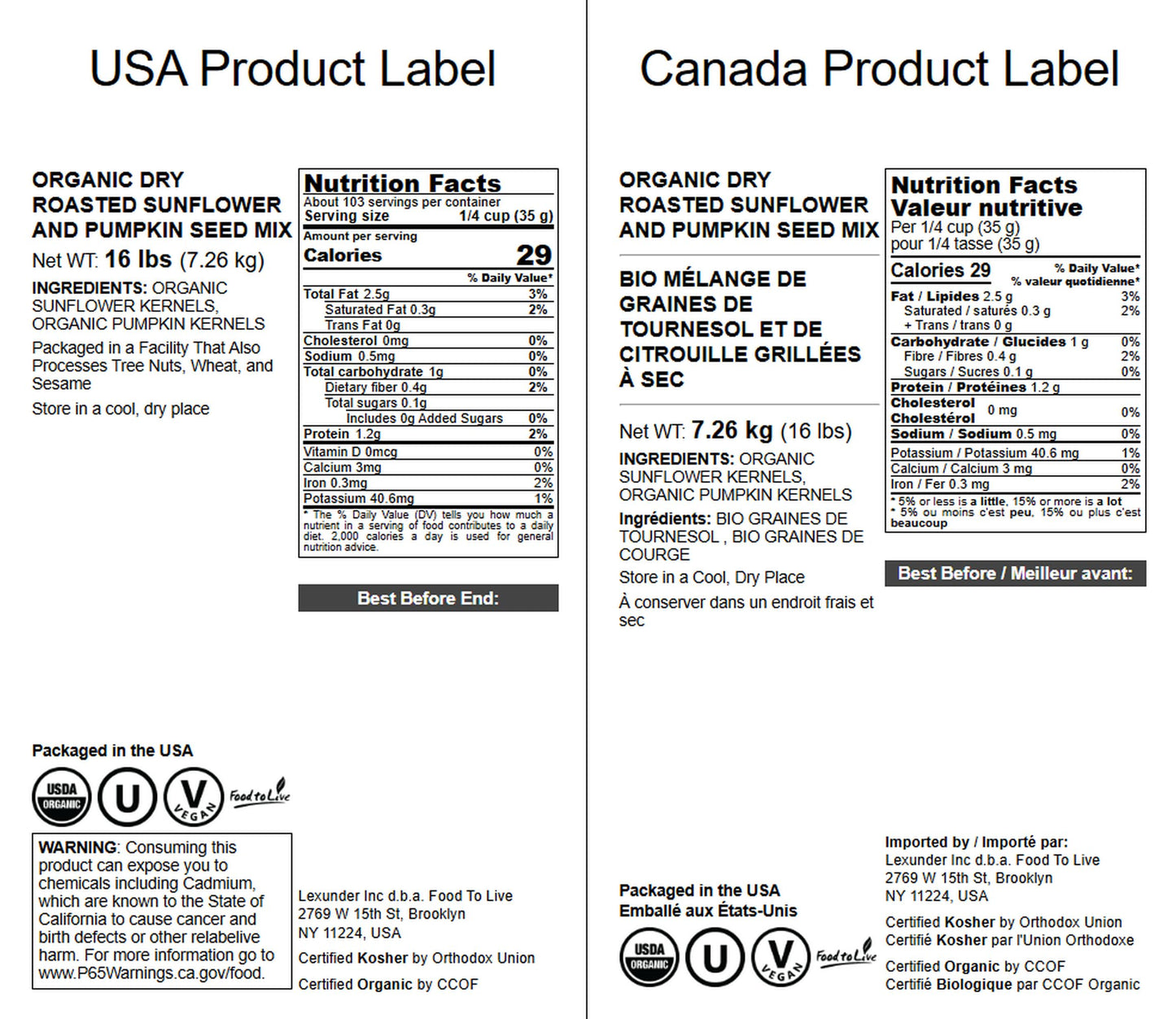 Food to Live Organic Dry Roasted Sunflower and Pumpkin Seed Mix, 16 Pounds - Oven Roasted, No Oil added, Healthy, Natural Snack,