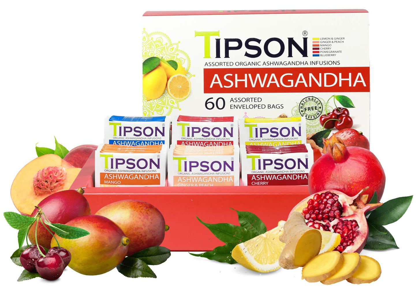 Tipson Organic Ashwagandha Variety Sampler - 6 Flavors (60 Tea Bags), Herbal Tea Infusions - USDA Organic, Non GMO, and Gluten F