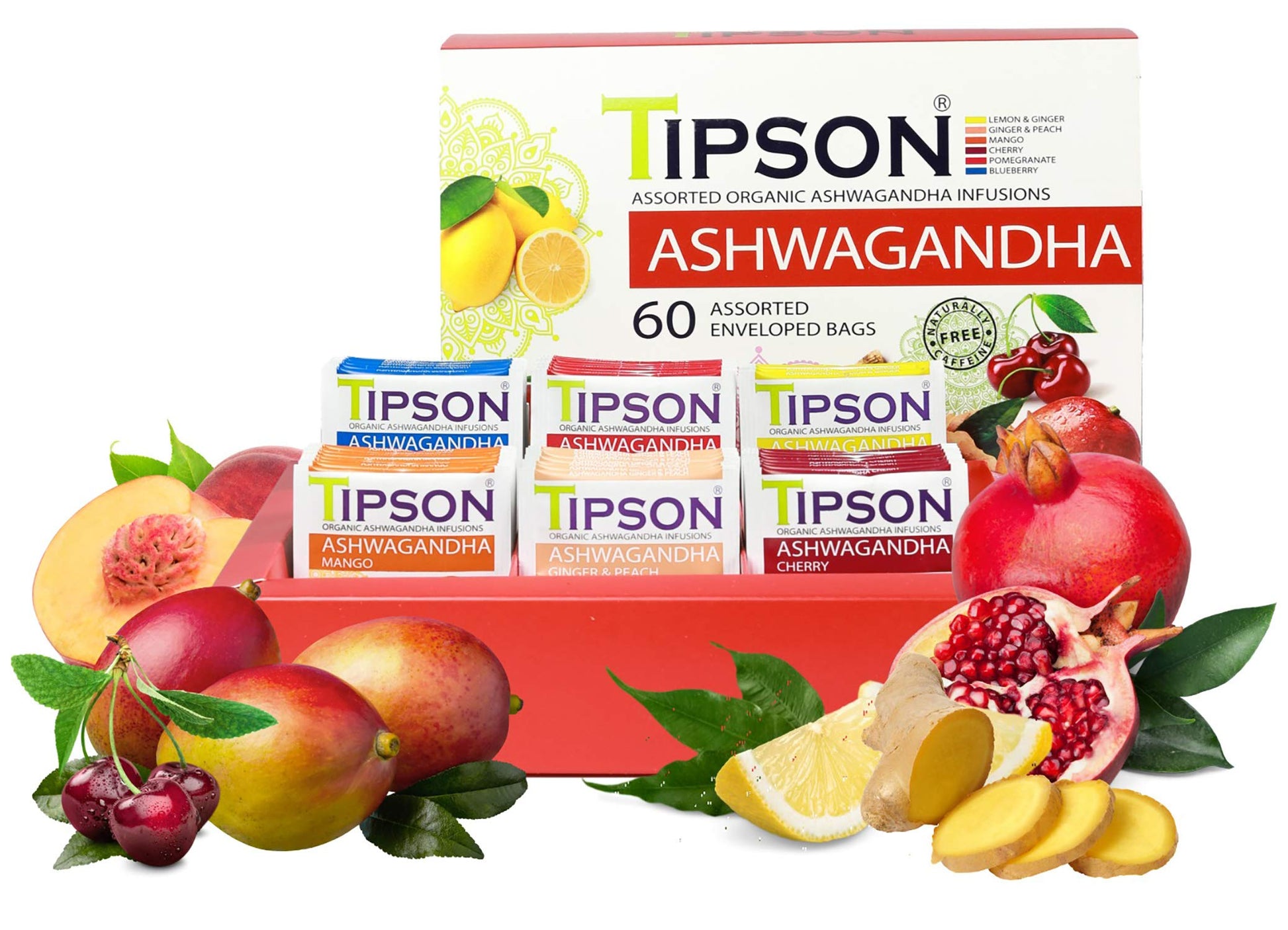 Tipson Organic Ashwagandha Variety Sampler - 6 Flavors (60 Tea Bags), Herbal Tea Infusions - USDA Organic, Non GMO, and Gluten F
