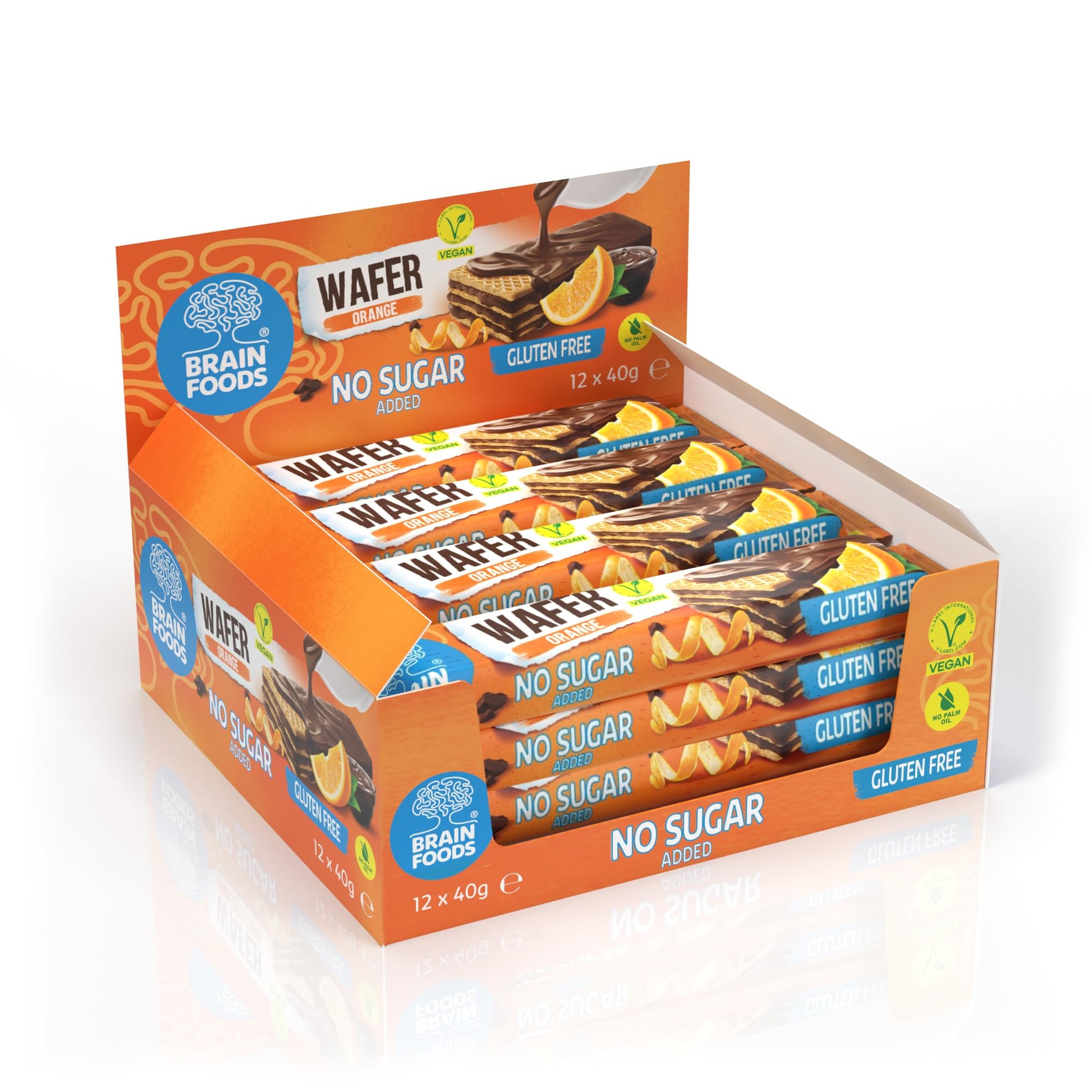 BRAIN FOODS Gluten Free Vegan Chocolate Coated Orange Wafers - 12 Bars, No Sugar Added, High Fiber, No Palm Oil, 1.4 oz, 170 Cal